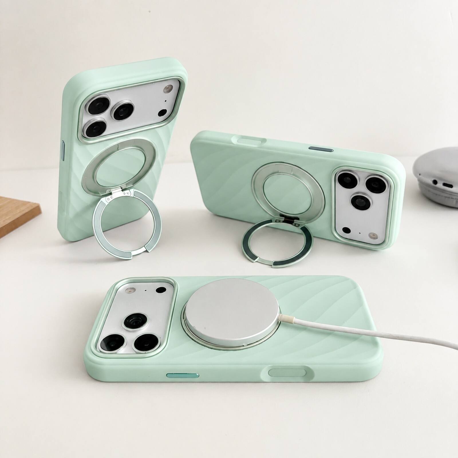 Angle. Dteck - For iPhone 18 Pro Liquid Silicone Magnetic Case Compatible With Magsafe,Soft Rubber Wave-Shape Ring Kickstand Cover - Mint.