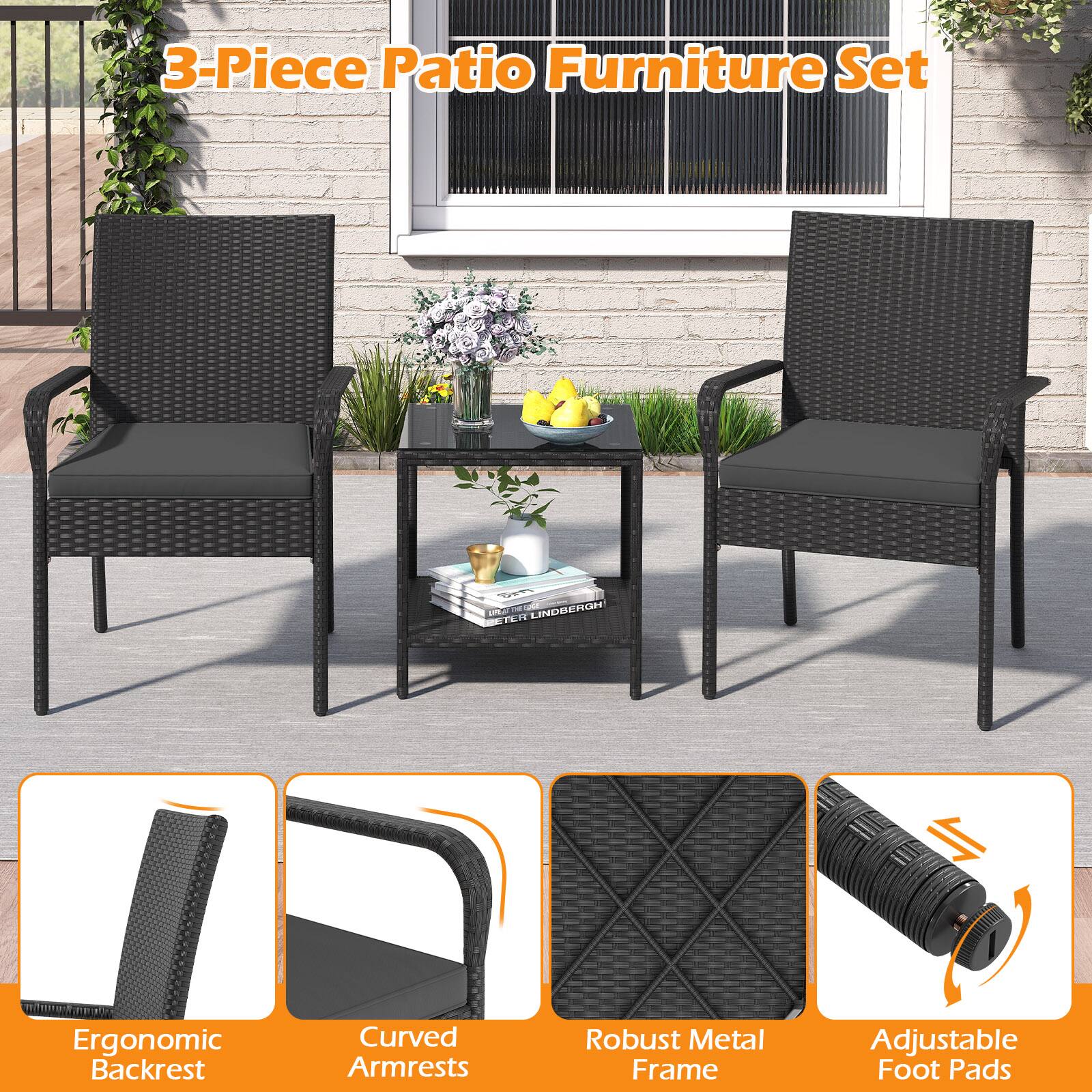 3-Piece Patio Furniture Set

- Ergonomic Backrest
- Curved Armrests
- Robust Metal Frame
- Adjustable Foot Pads