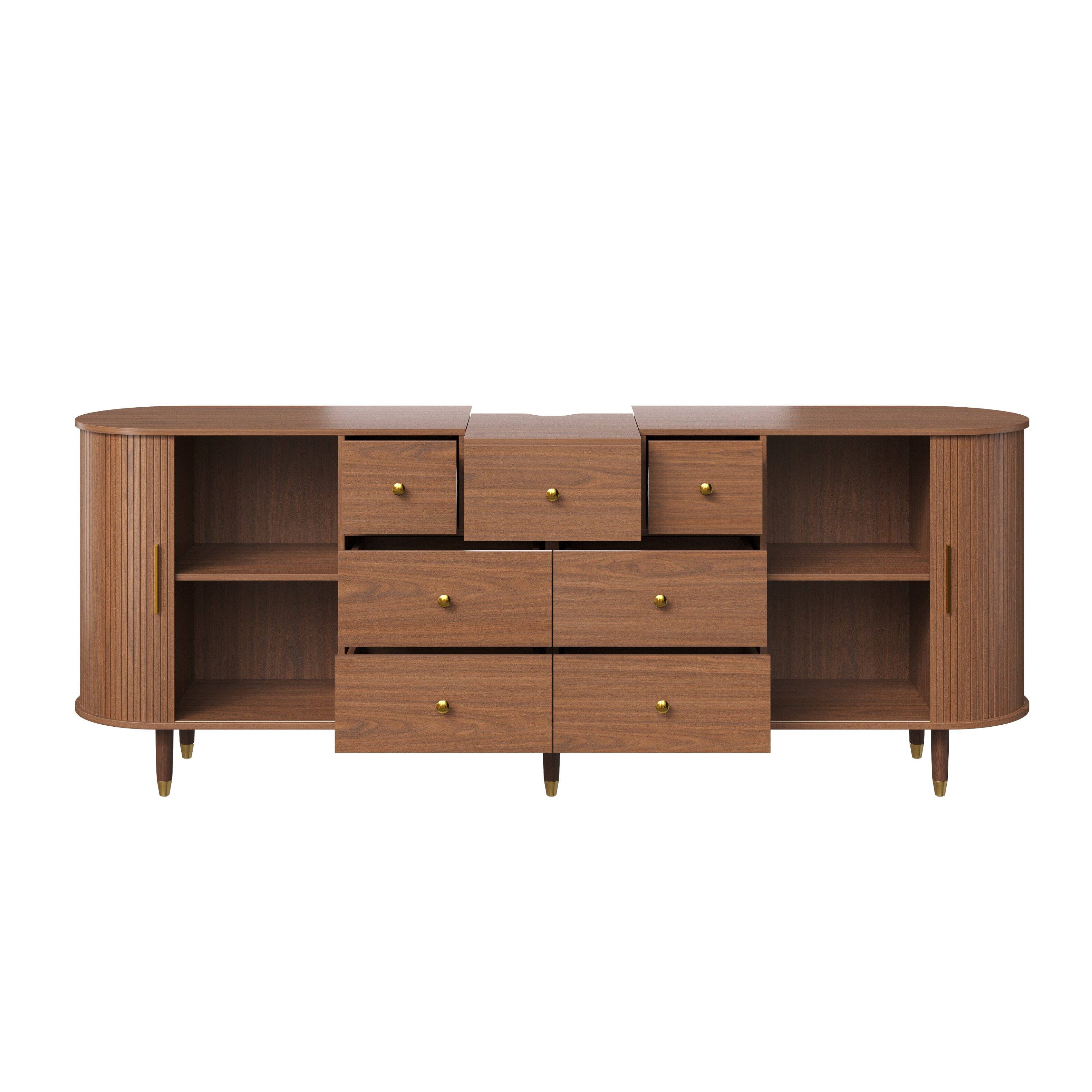 Left. Famapy - Walnut Fluted TV Stand, Mid-Century Media Console with Drawers, Sliding Doors & Short Throw Projector Top - Walnut.