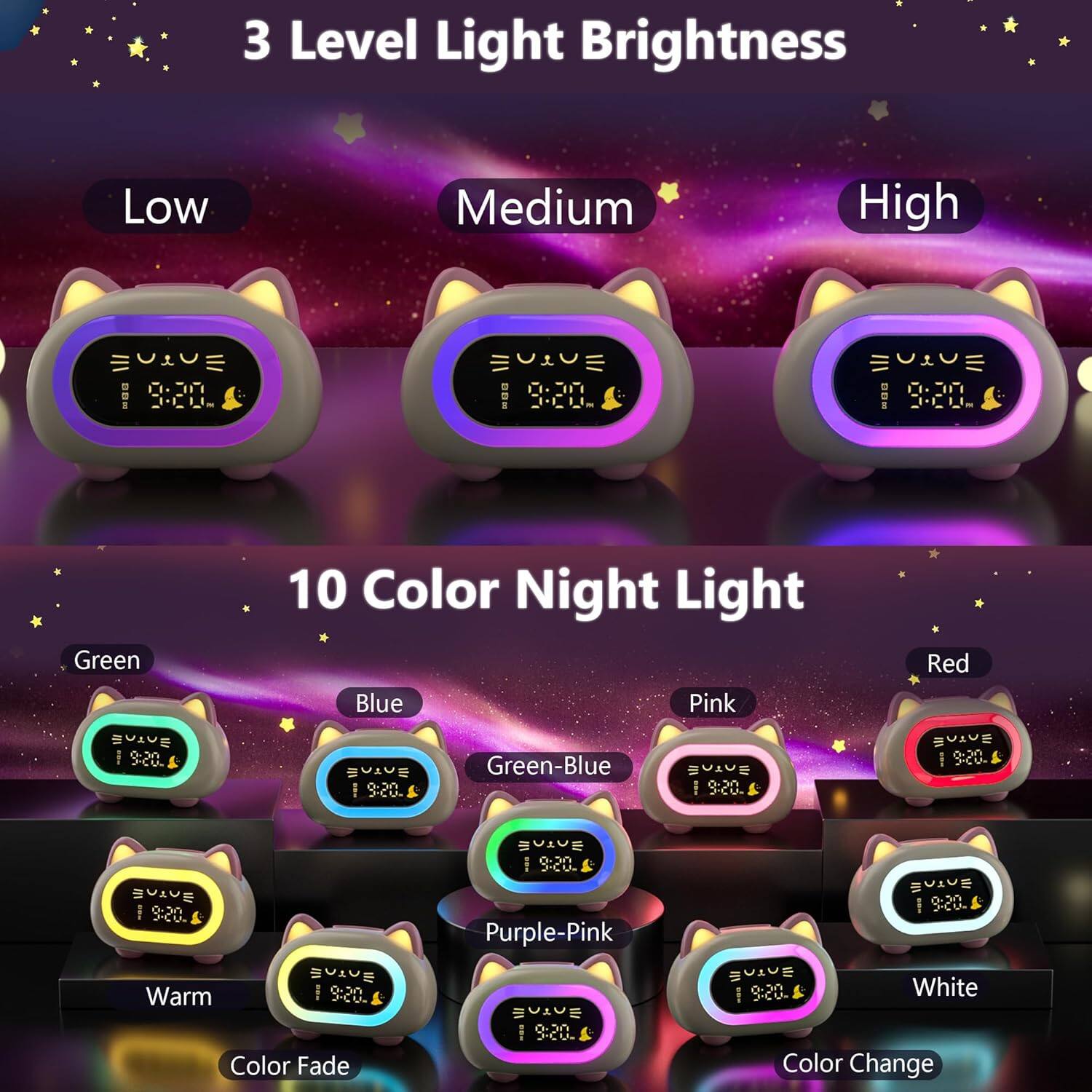 3 Level Light Brightness  
Low  
Medium  
High  

10 Color Night Light  
Green  
Blue  
Pink  
Red  
Warm  
Purple-Pink  
White  

Color Fade  
Color Change