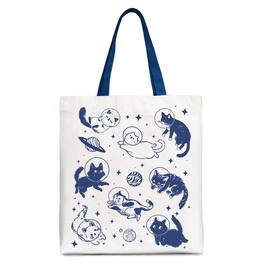 OrnamentallyYou - Cats in Space Retro Canvas Tote Bag, Funny Astronaut Kitty Gift Bag with Cosmic Vibes - White Navy