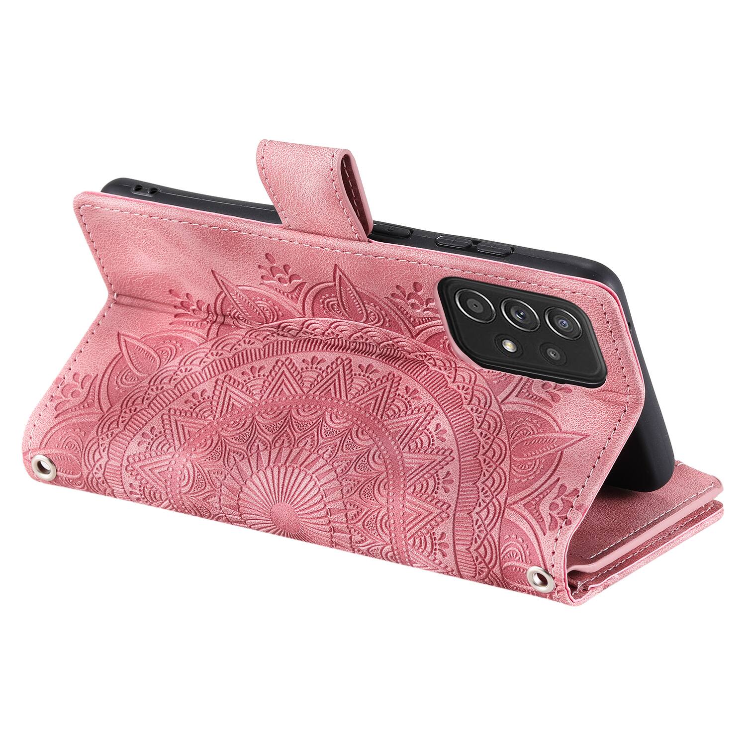 Back. Dteck - Wallet Case for Samsung Galaxy A37 5G Zipper Pocket Flowers PU Leather Flip Stand Cover With Crossbody+Wrist Strap - Pink.