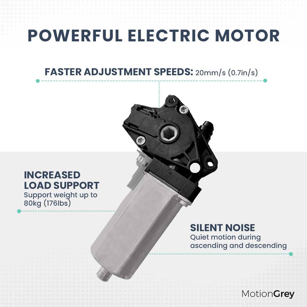 POWERFUL ELECTRIC MOTOR

FASTER ADJUSTMENT SPEEDS: 20mm/s (0.7in/s)

INCREASED LOAD SUPPORT
Support weight up to 80kg (176lbs)

SILENT NOISE
Quiet motion during ascending and descending