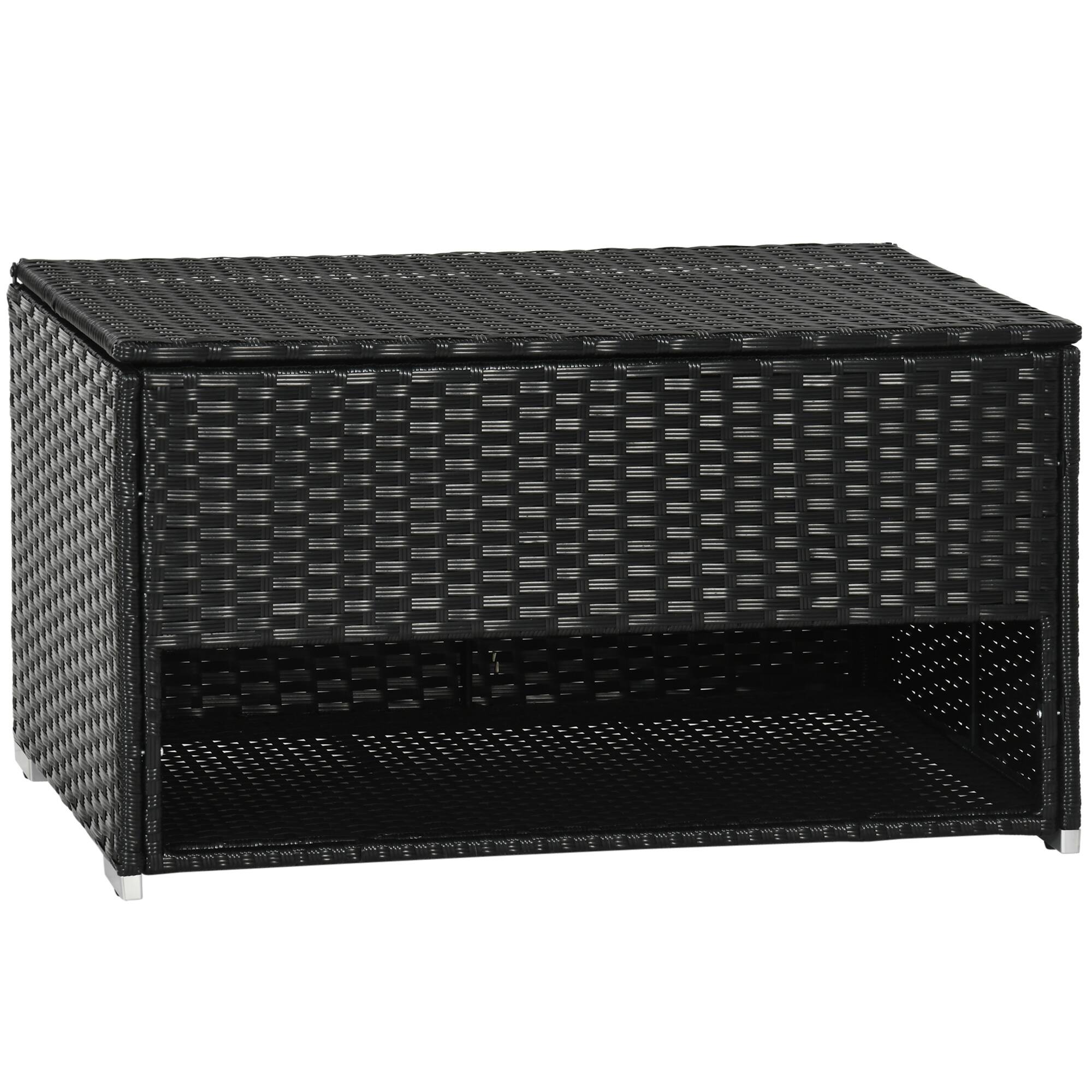 Outsunny - Outdoor Deck Box & Shoe Storage, PE Rattan Wicker Towel Rack with Liner for Indoor, Outdoor, Patio Furniture Cushions - Black