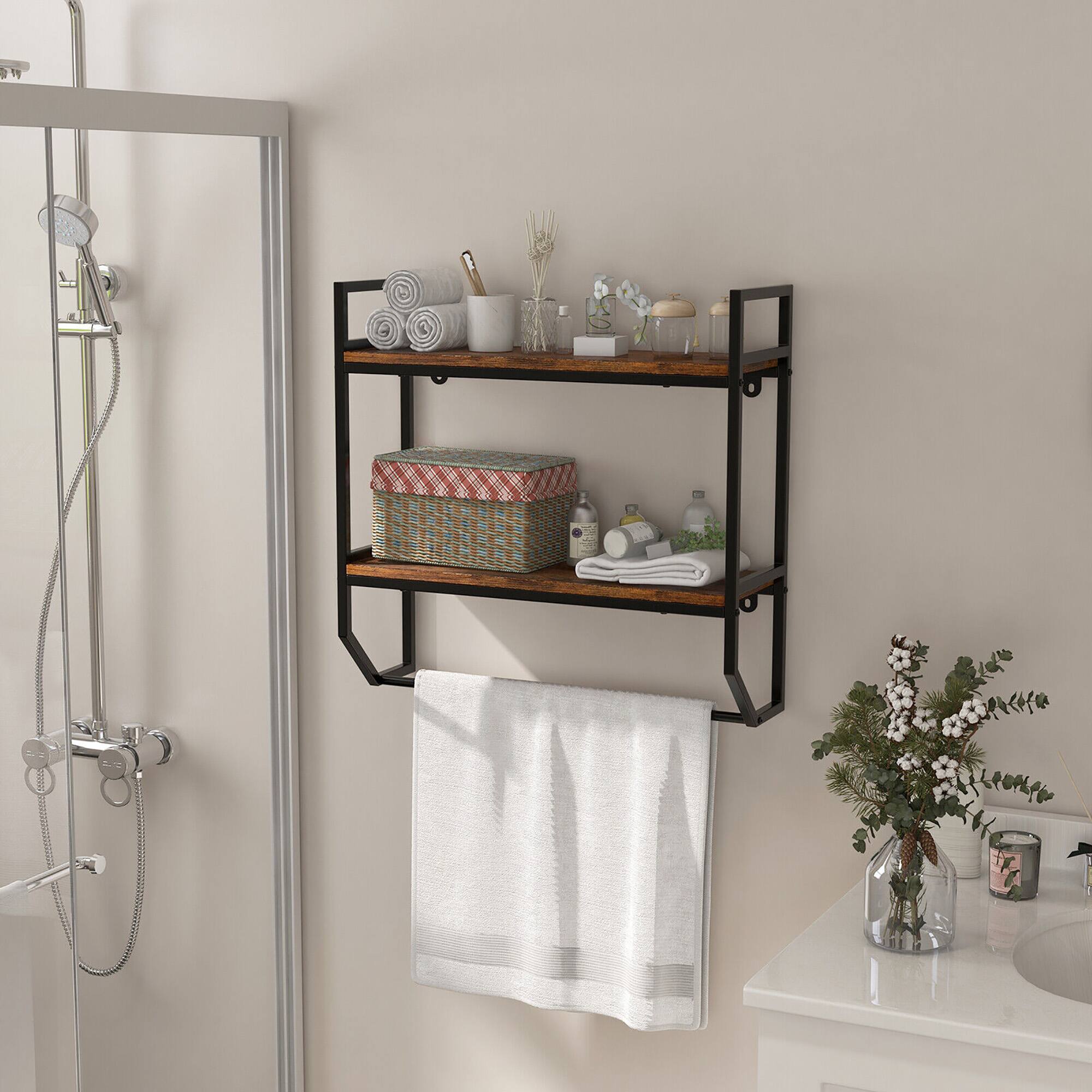 Alt View 1. Gymax - Gymax Wall Mounted Bathroom Shelf Industrial 2-Tier Storage Rack w/ Towel Bar Kitchen - Rustic Brown.