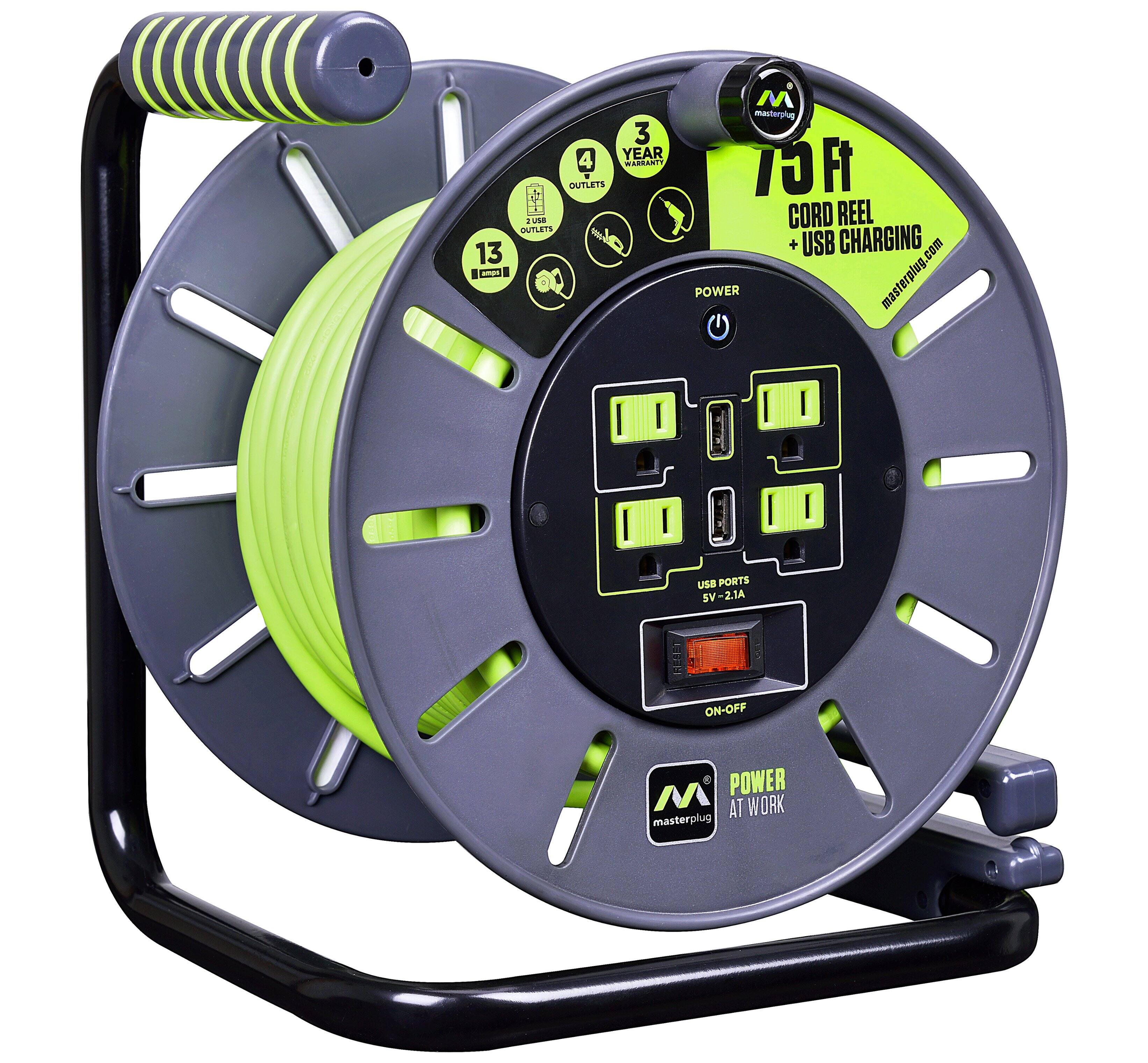 Front. Masterplug - 75Ft 4 Sockets 13A 14AWG Large Open Reel with USB Charging - Green & Grey.
