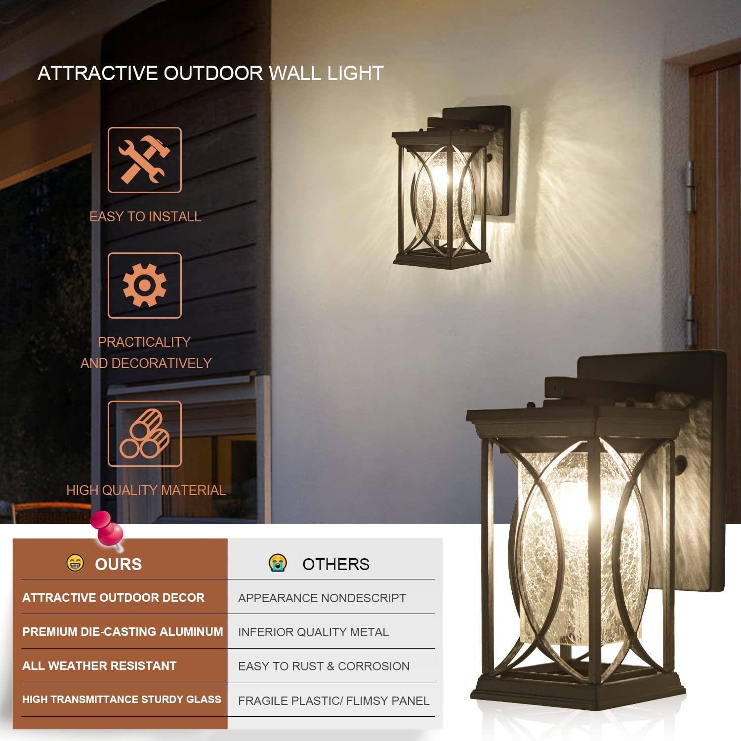 **ATTRACTIVE OUTDOOR WALL LIGHT**

- **EASY TO INSTALL**
- **PRACTICALITY AND DECORATIVELY**
- **HIGH QUALITY MATERIAL**

---

**OURS**

- ATTRACTIVE OUTDOOR DECOR
- PREMIUM DIE-CASTING ALUMINUM
- ALL WEATHER RESISTANT
- HIGH TRANSMITTANCE STURDY GLASS

**OTHERS**

- APPEARANCE NONDESCRIPT
- INFERIOR QUALITY METAL
- EASY TO RUST & CORROSION
- FRAGILE PLASTIC/ FLIMSY PANEL