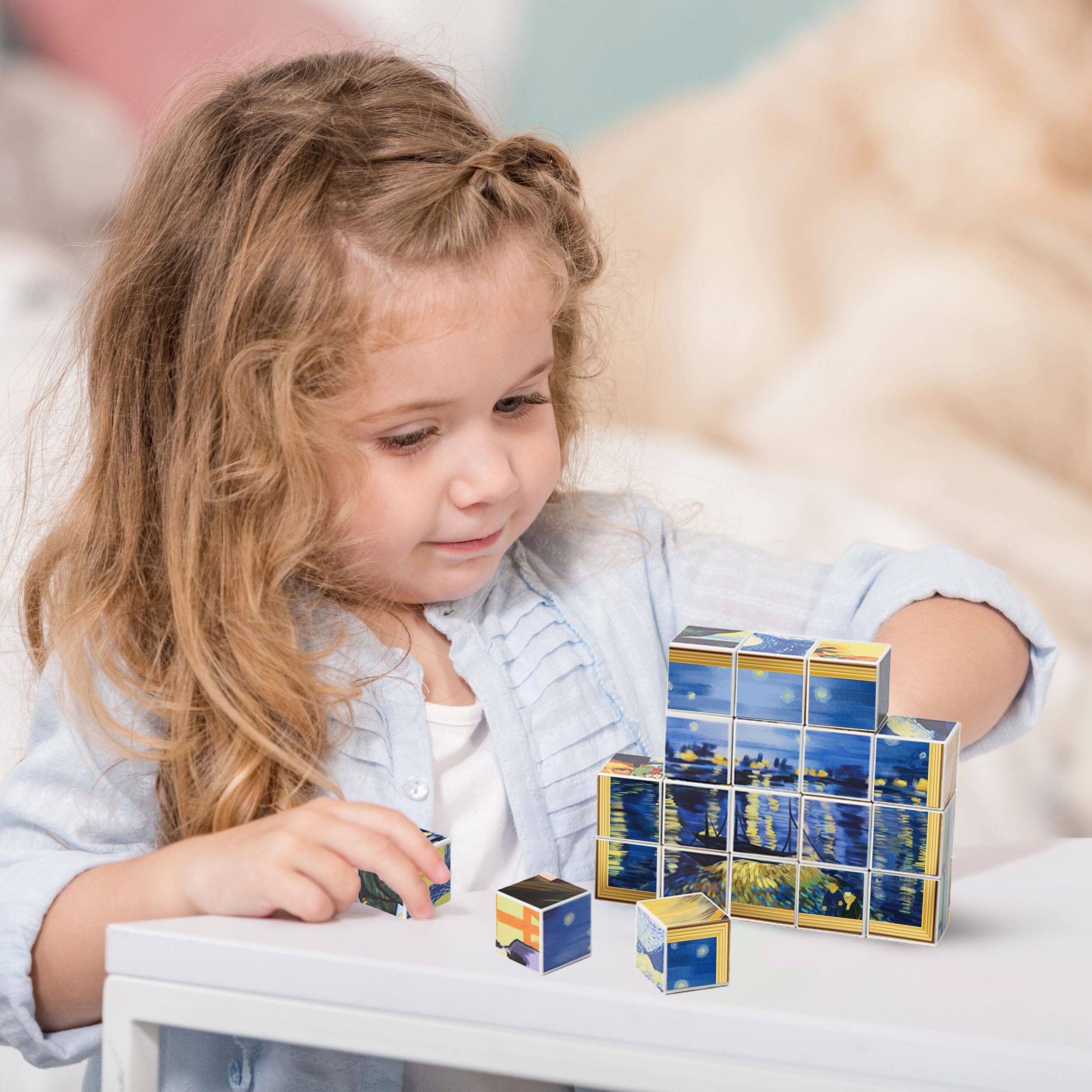 Alt View 1. PicassoTiles - PICASSO-TILES 20PCS 1" Magnetic Puzzle Cubes, Van Gogh & Mona Lisa Hand Puzzle, STEM Mix & Match Art Toy for Kids.