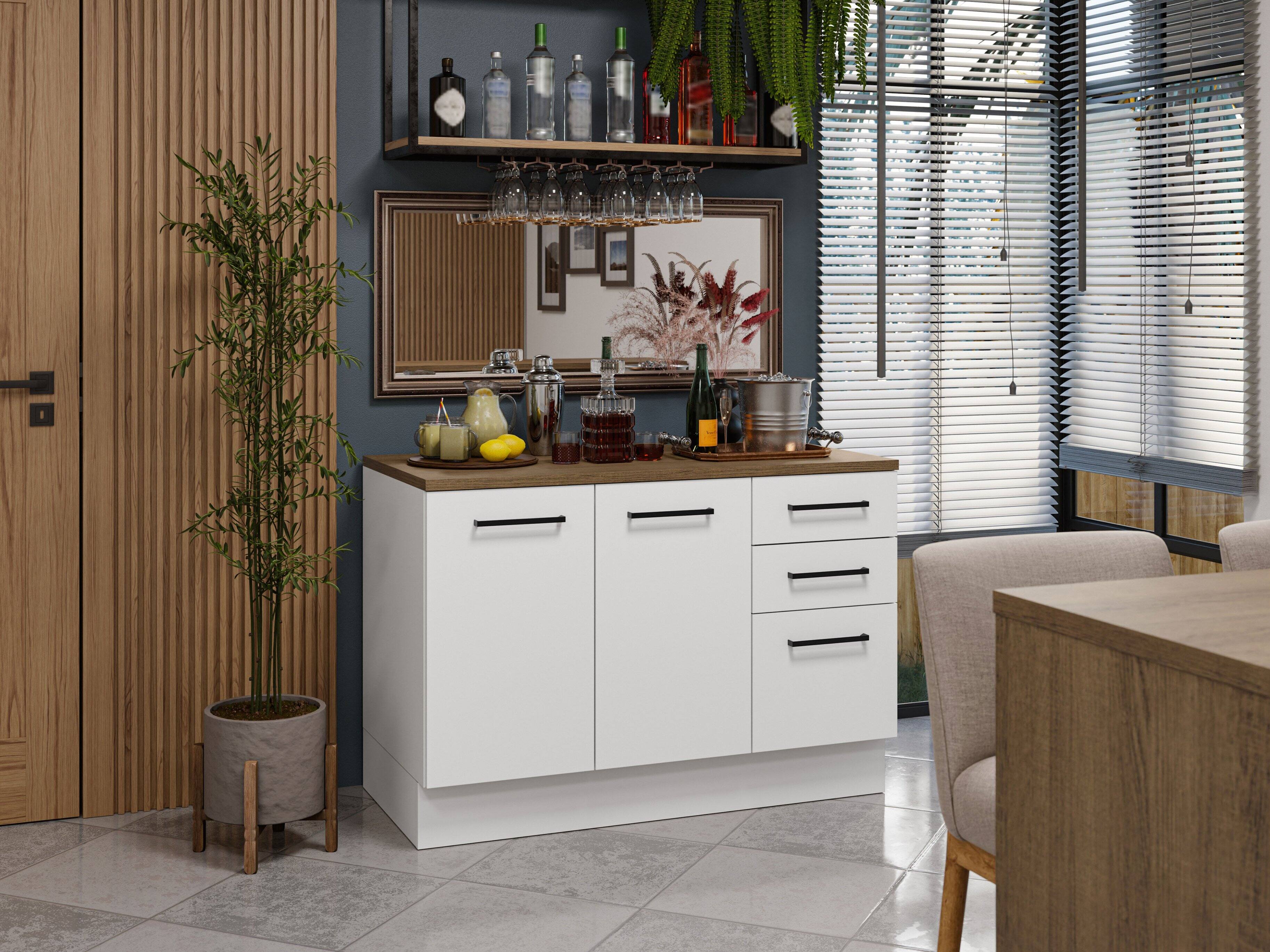 Alt View 5. Madesa - Madesa Home Bar Cabinet with 2 Doors and 3 Drawers Unit Ideal for Storing Glassware, Drinks, and Utensils – White - White.