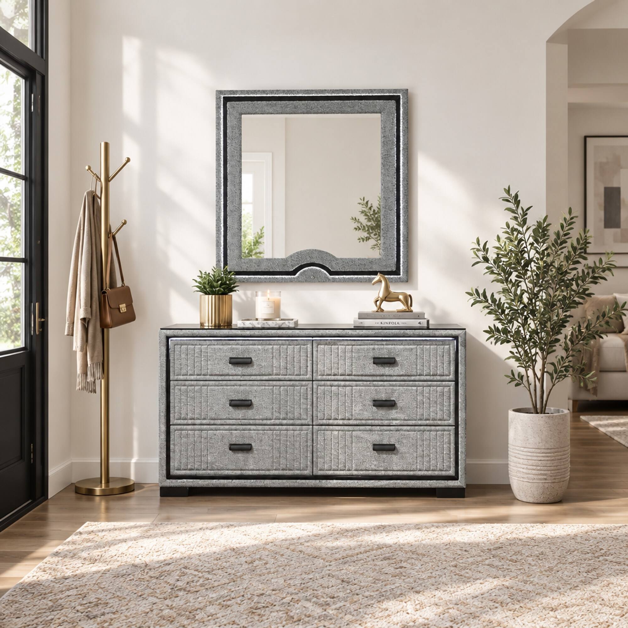 Left. RYHNUYNE - Gray Upholstered Dresser Mirror, Large Rectangular Frame, LED Lit, Attaches to Dresser - Gray.