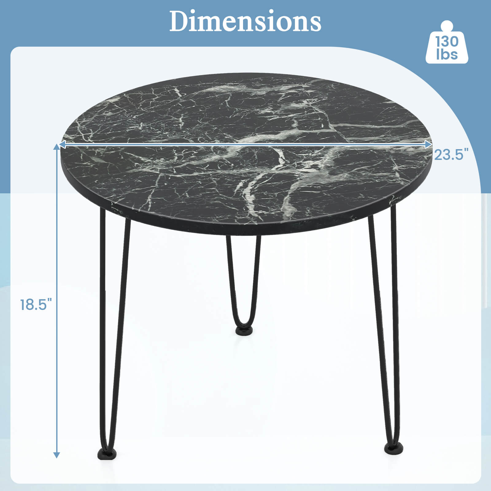 Dimensions: 130 lbs, 23.5" diameter, 18.5" height.