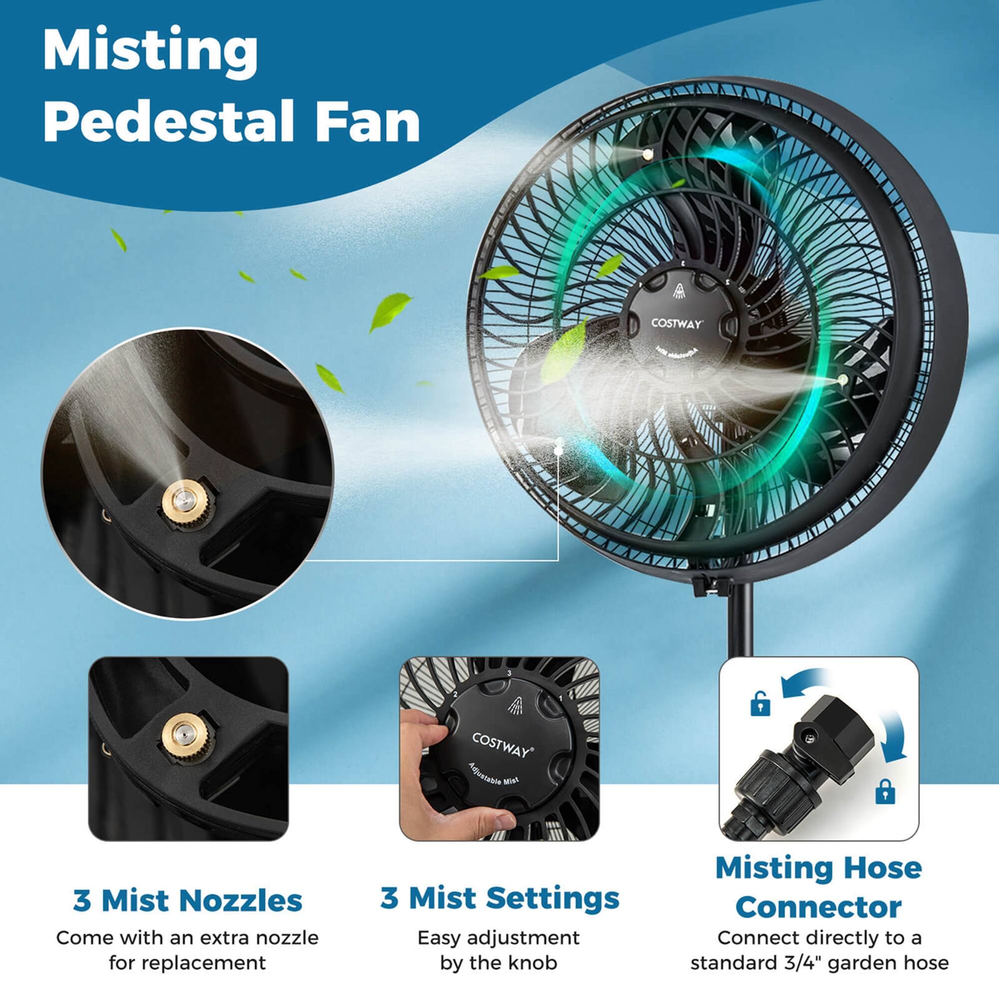 Misting Pedestal Fan by Costway - Adjustable Mist Nozzles, 3 Mist Settings, Easy Adjustment by the Knob, Misting Hose Connector, Connect Directly to a Standard 3/4" Garden Hose.