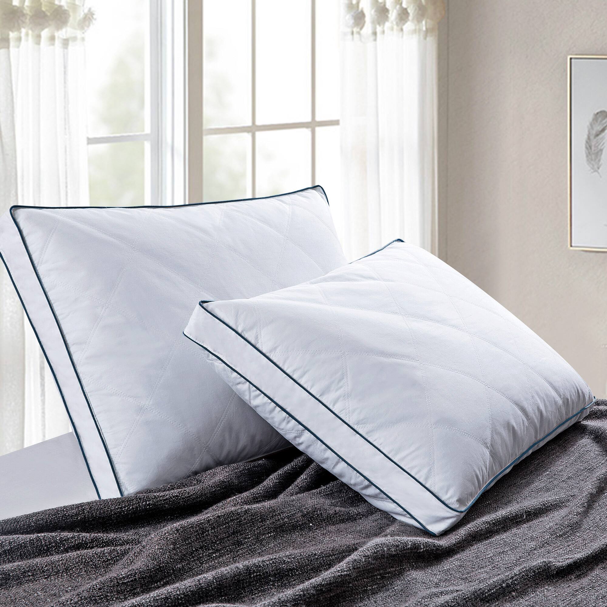 Angle. Peace Nest - Peace Nest Goose Feather Down Pillow White Quilted Cotton Cover Set of 2 - White.