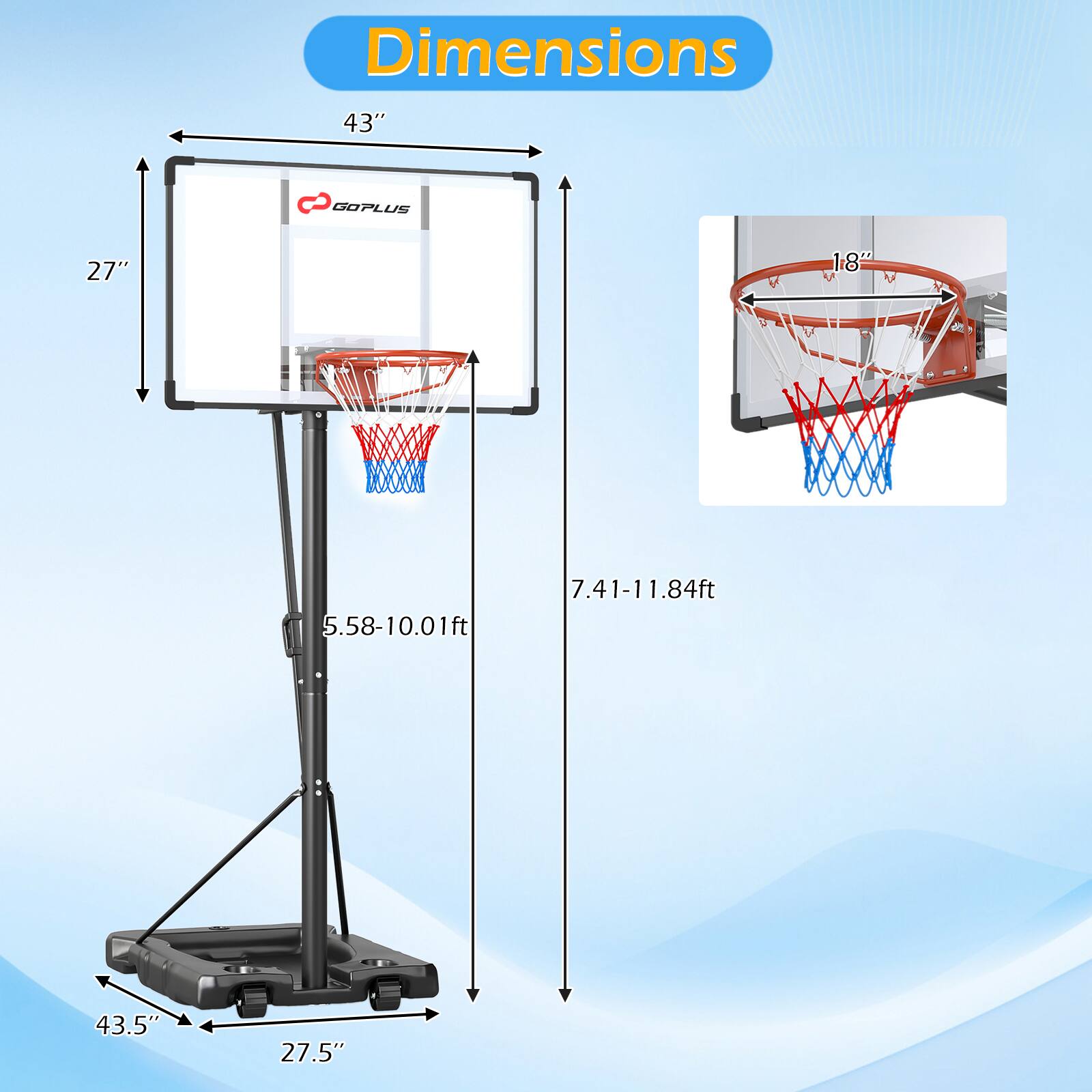 Dimensions  
43" x 27"  
18"  
5.58-10.01ft  
7.41-11.84ft  
43.5" x 27.5"