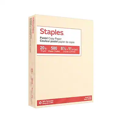Staples
Pastel Copy Paper
Couleur pastel papier de copie
20 x 500
8½ x 11 in (po)
75 gsm - 216 g/m² - 216 g/m²
216 mm x 279 mm
30% Recycled
Recyclable à 20%
Acid Free
Sans acide