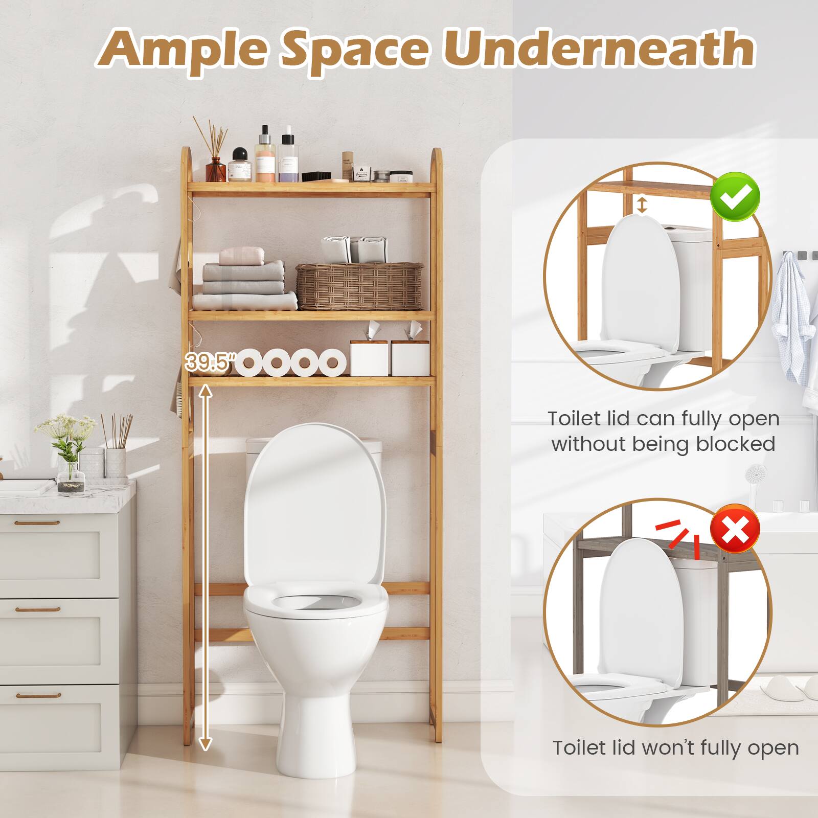 Alt View 5. Gymax - Gymax Bamboo over the Toilet Storage Shelf w/3-tier Open Shelf Adjustable Shelves - Yellow.