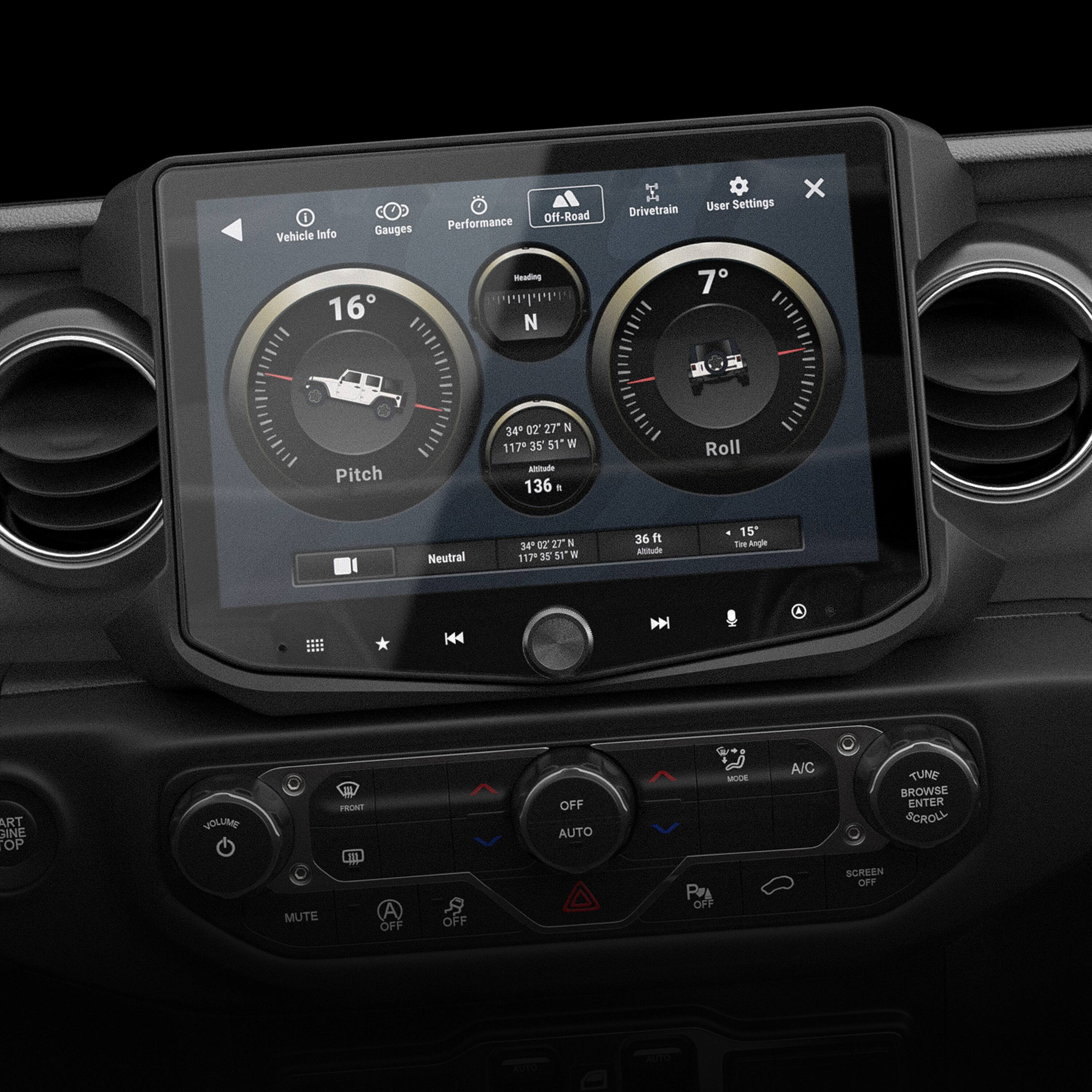 Vehicle Info Gauges Performance Off-Road Drivetrain User Settings x 16 Reading 7 Pitch 34 Oz 27 N 117 35 51 IN Alitiade 136 i Roll Neutral 34 02 27 S 1179 35 ST* W 36 ft Alihudle 15 Toe Angle 144 D ART INE OP VOLUME MUTE FRDAN II A OFF OFF OFF AUTO MODE PA OFF A/C TUNE BROWSE ENTER SCROLL SCREEN OFF