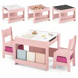 Costway - 4-in-1 Kids Table & Chair Set Toddler Wooden Activity Table with Side Bookshelves - Pink