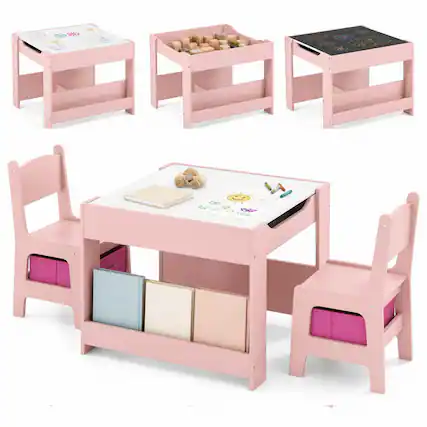 Front. Costway - Costway 4-in-1 Kids Table & Chair Set Toddler Wooden Activity Table with Side Bookshelves - Pink.