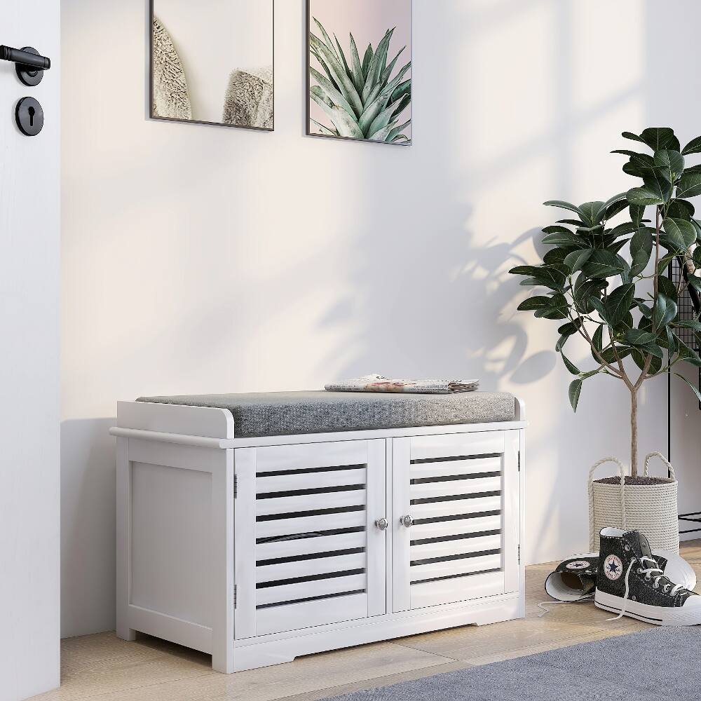 Angle. Ropilly - Ropilly White Shoe Storage Bench with Padded Seat Cushion, Modern Entryway Bench with Barn Doors - White.