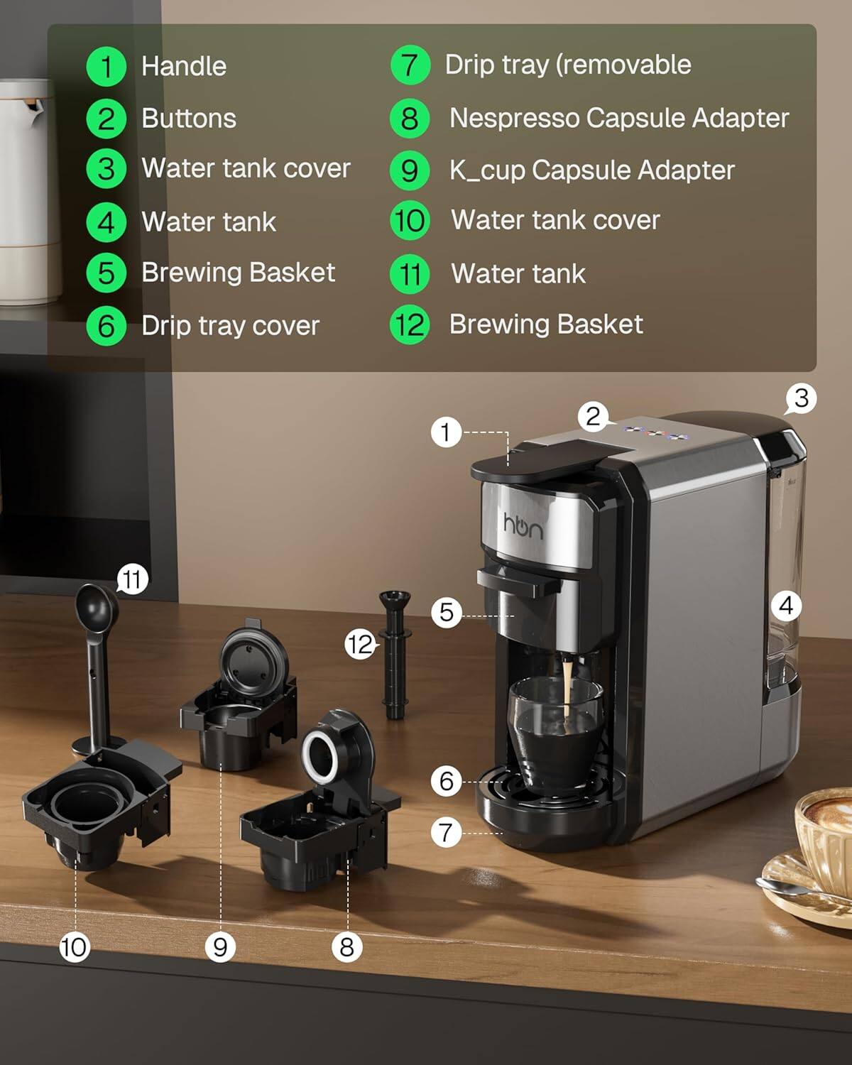 1. Handle  
2. Buttons  
3. Water tank cover  
4. Water tank  
5. Brewing Basket  
6. Drip tray cover  
7. Drip tray (removable)  
8. Nespresso Capsule Adapter  
9. K-cup Capsule Adapter  
10. Water tank cover  
11. Water tank  
12. Brewing Basket