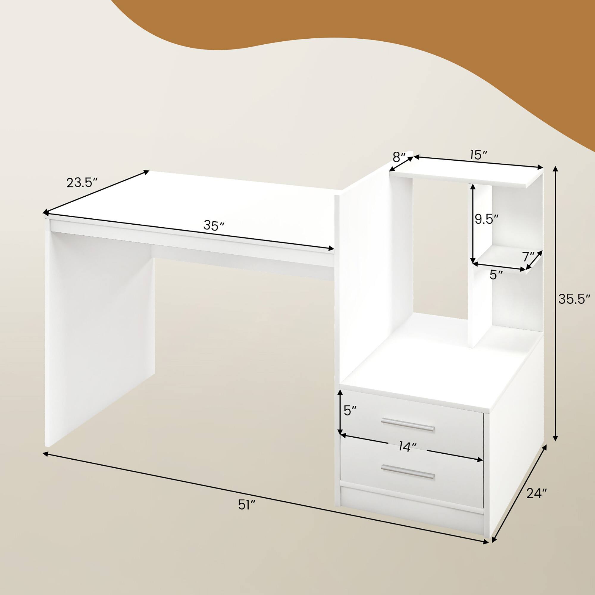 The text on the image is grouped as follows:

- Length: 51"
- Width: 35"
- Height: 35.5"
- Depth: 24"
- Drawer height: 14"
- Drawer depth: 5"
- Shelf height: 9.5"
- Shelf depth: 5"
- Shelf width: 7"
- Table width: 23.5"
- Table depth: 15"
- Table height: 8"