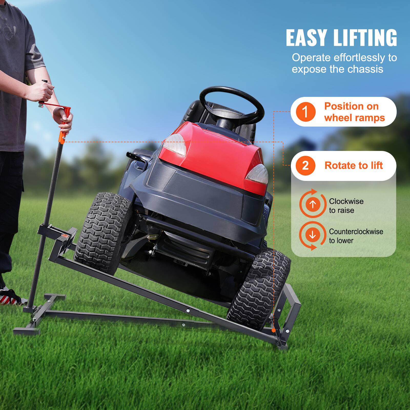 EASY LIFTING  
Operate effortlessly to expose the chassis  

1. Position on wheel ramps  
2. Rotate to lift  
   - Clockwise to raise  
   - Counterclockwise to lower
