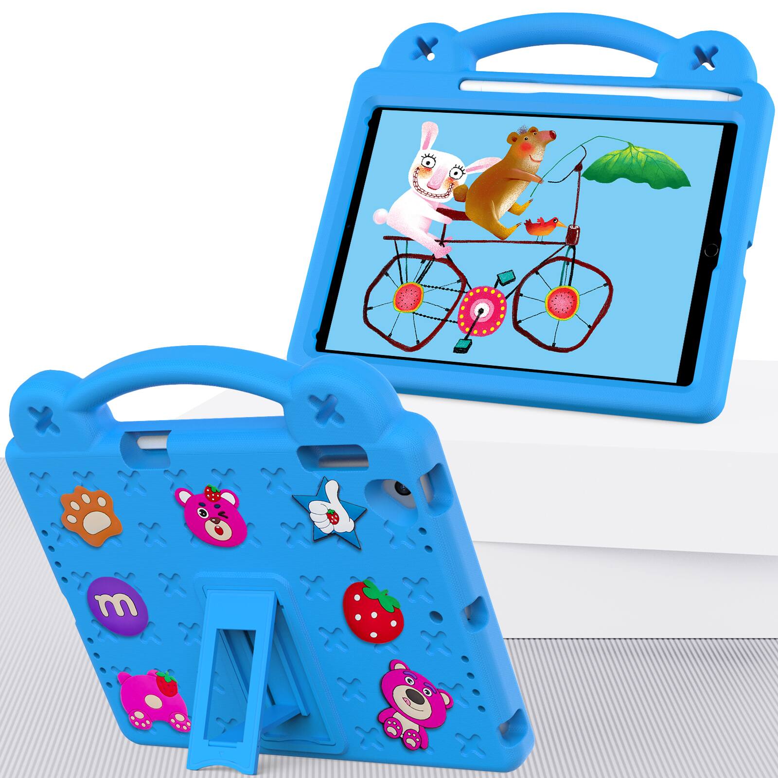 Angle. Dteck - For Apple iPad 6th/5th & iPad Pro 9.7'' Cute Cartoon Kid Case Built-in Kickstand Handle Grip Shockproof Cover - Blue.