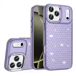 Kitcheniva - Faux Crystals Chrome Plated Phone Case With Tempered Glass For iPhone 17 Pro Max - Purple