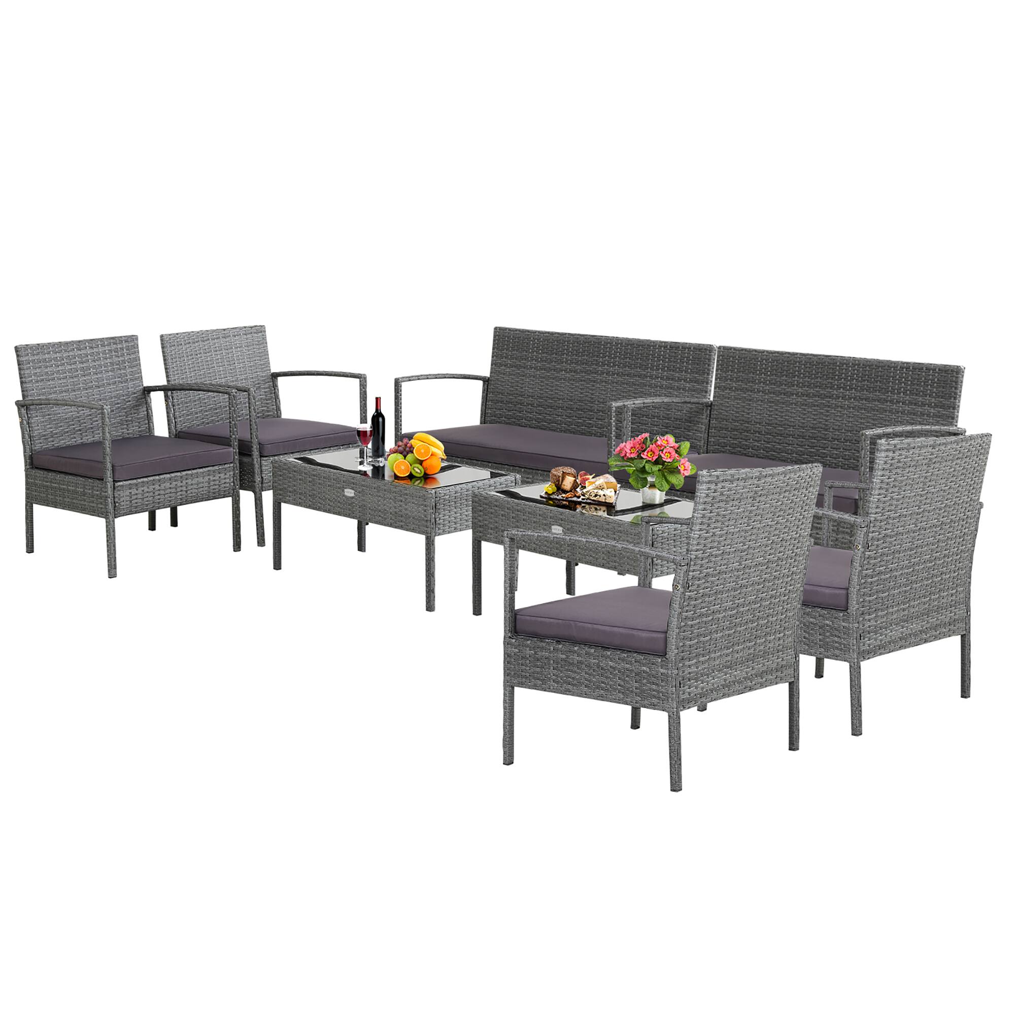 Front. Costway - Costway 8 PCS Outdoor Rattan Furniture Set Patio Conversation Sofa Set Cushioned - Grey.