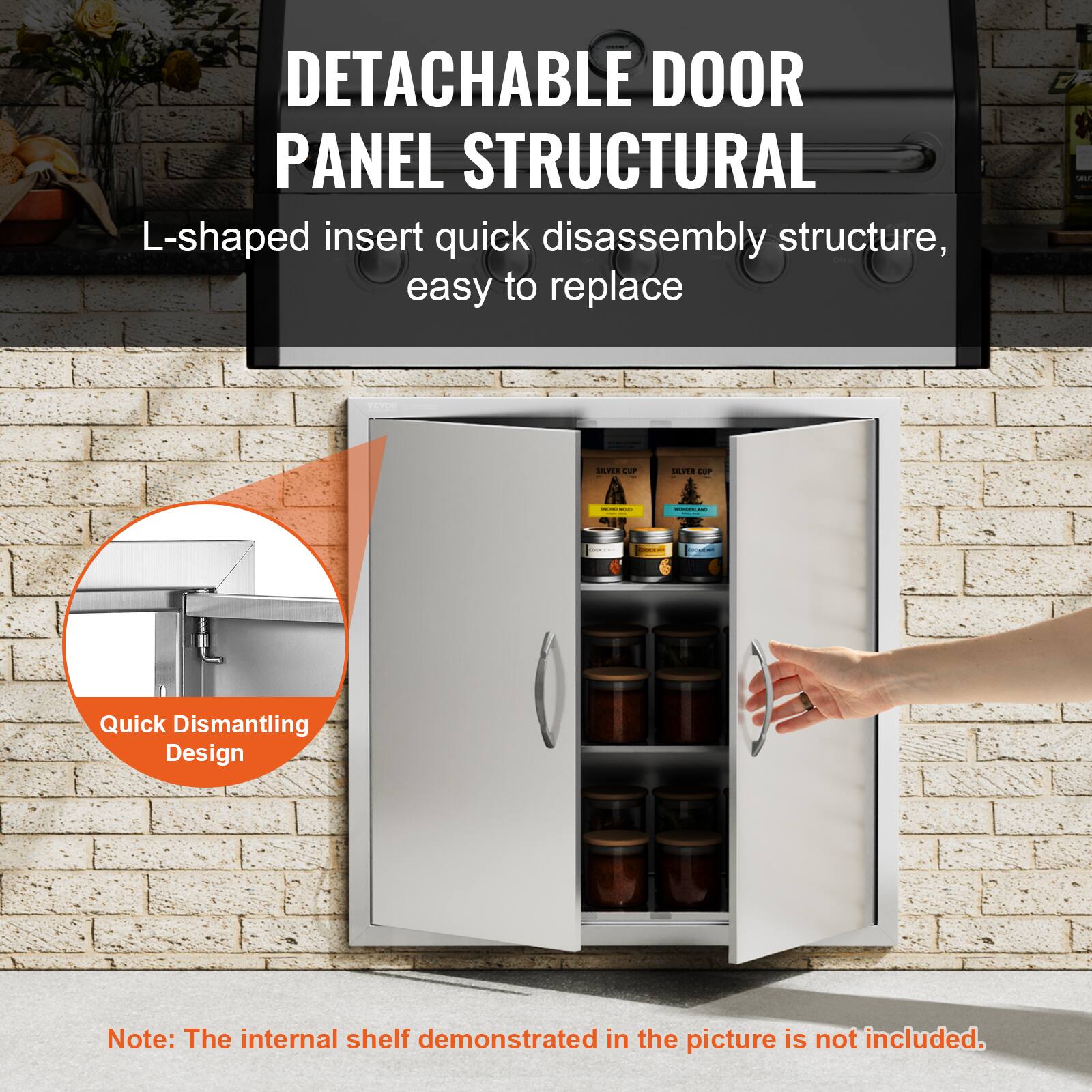 DETACHABLE DOOR PANEL STRUCTURAL  
L-shaped insert quick disassembly structure, easy to replace  

Quick Dismantling Design  

Note: The internal shelf demonstrated in the picture is not included.