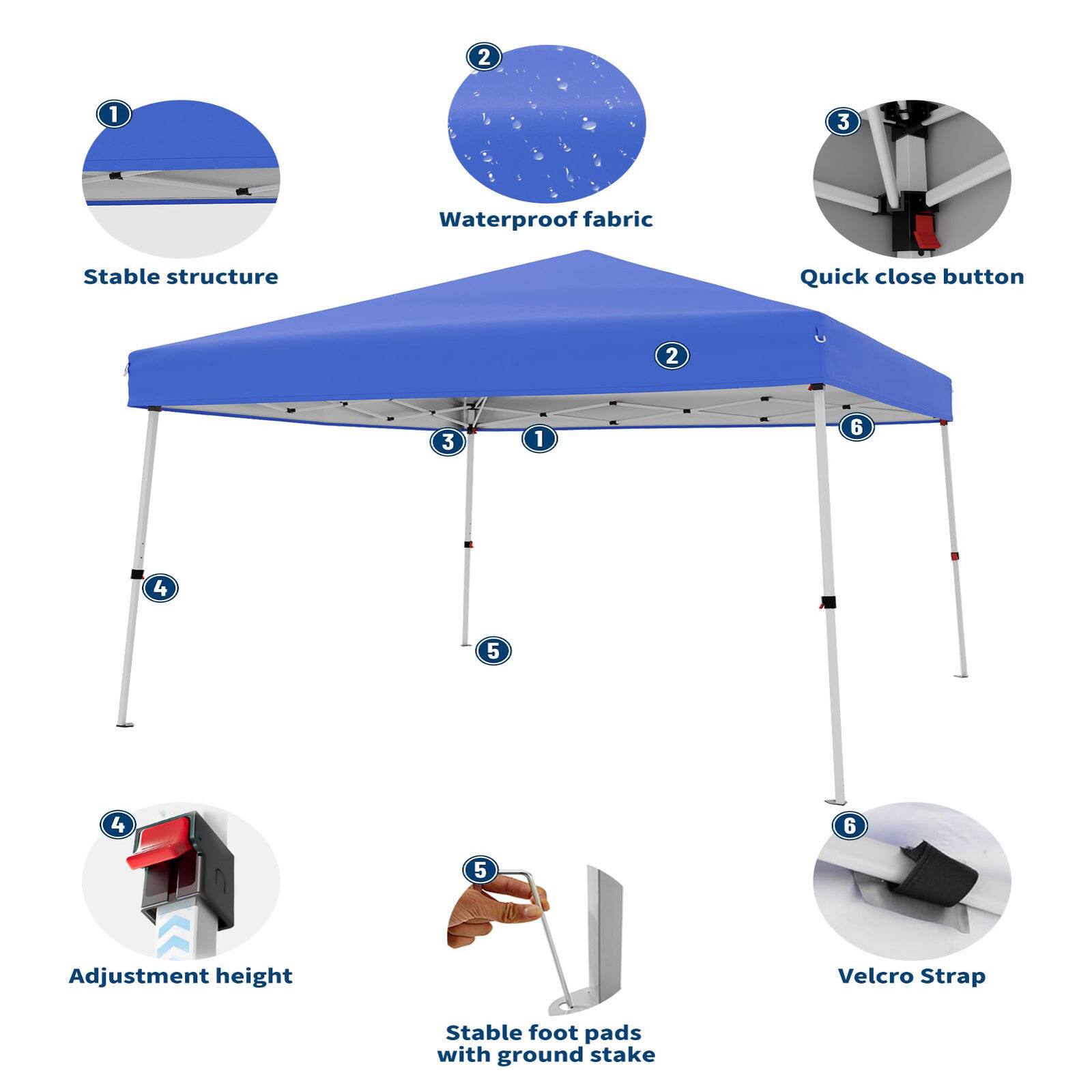 1. Waterproof fabric
2. Stable structure
3. Quick close button
4. Adjustment height
5. Velcro Strap
6. Stable foot pads with ground stake