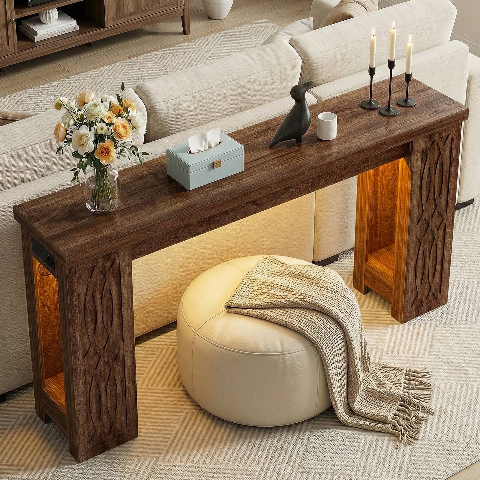 Alt View 5. Aheaplus - 47'' Console Table, Farmhouse Console Table with Charging Station and RGB LED Lights - Retro Brown.