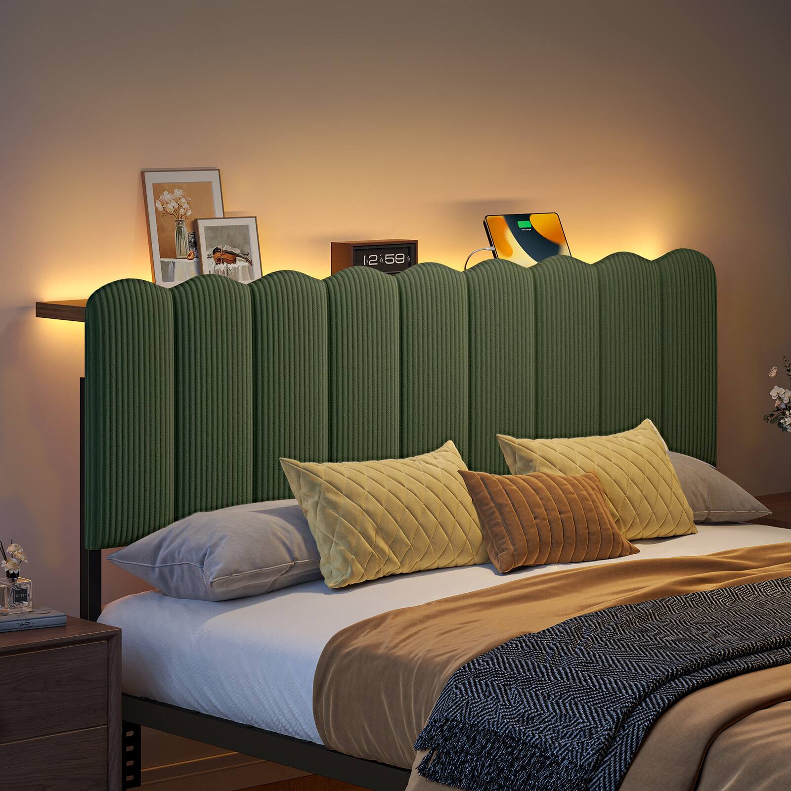 Alt View 3. Pinmoco - Metal Upholstered Headboard Height Adjustable Headboard with LED Light, Charging Station - Green.