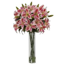 BreeBe - 34" Rubrum Lily Artificial Arrangement in Cylinder Vase - Pink