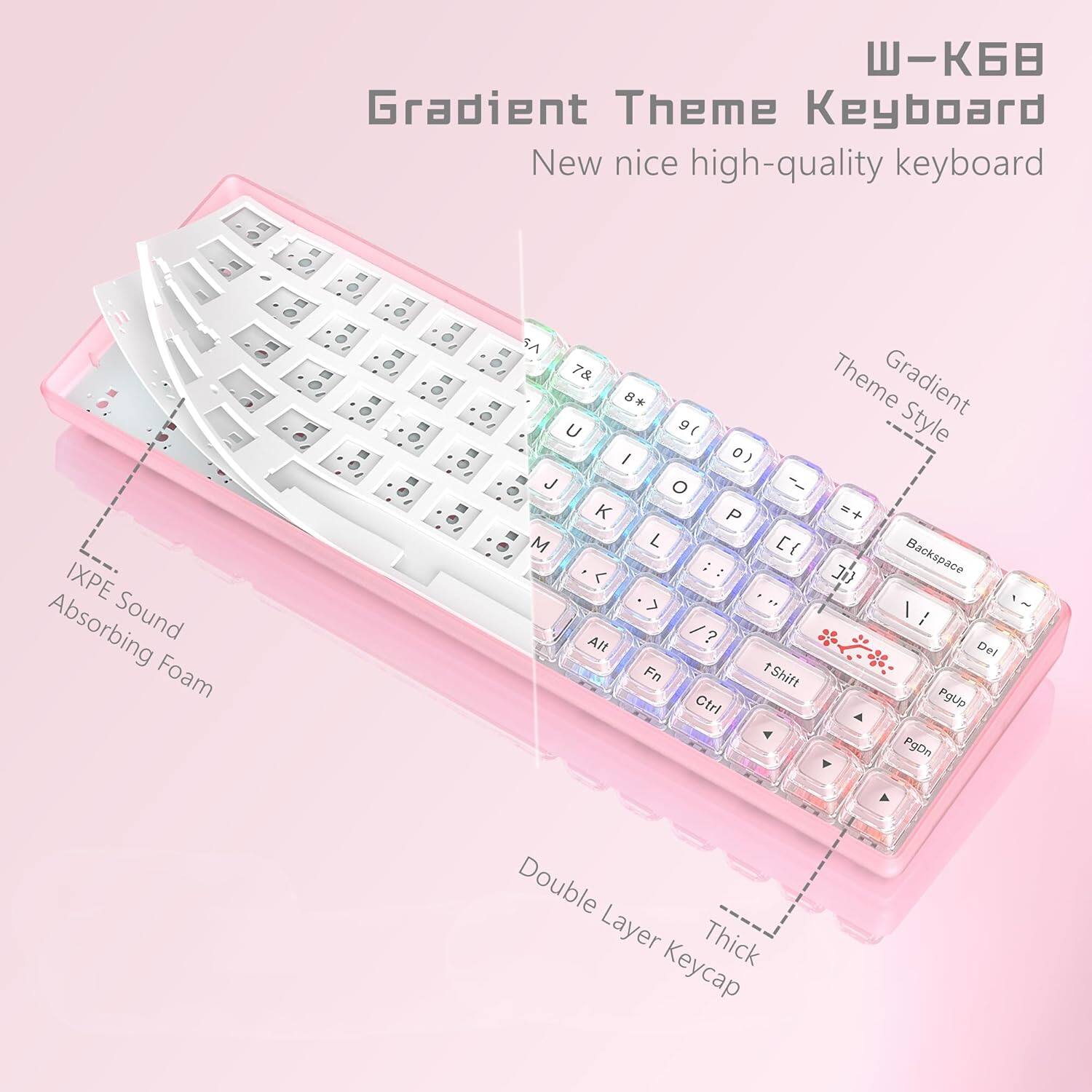 - K68 Gradient Theme Keyboard
- New nice high-quality keyboard
- IXPE Absorbing Sound Foam
- Gradient Theme Style
- Double Layer Thick Keycap