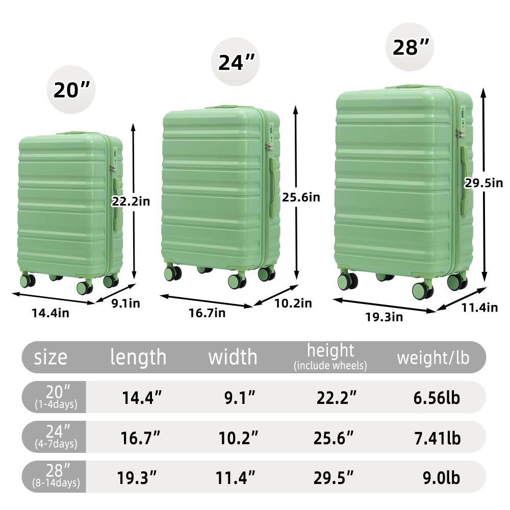 - **20" (1-4 days)**
  - Length: 14.4"
  - Width: 9.1"
  - Height: 22.2"
  - Weight: 6.56 lb

- **24" (4-7 days)**
  - Length: 16.7"
  - Width: 10.2"
  - Height: 25.6"
  - Weight: 7.41 lb

- **28" (8-14 days)**
  - Length: 19.3"
  - Width: 11.4"
  - Height: 29.5"
  - Weight: 9.0 lb