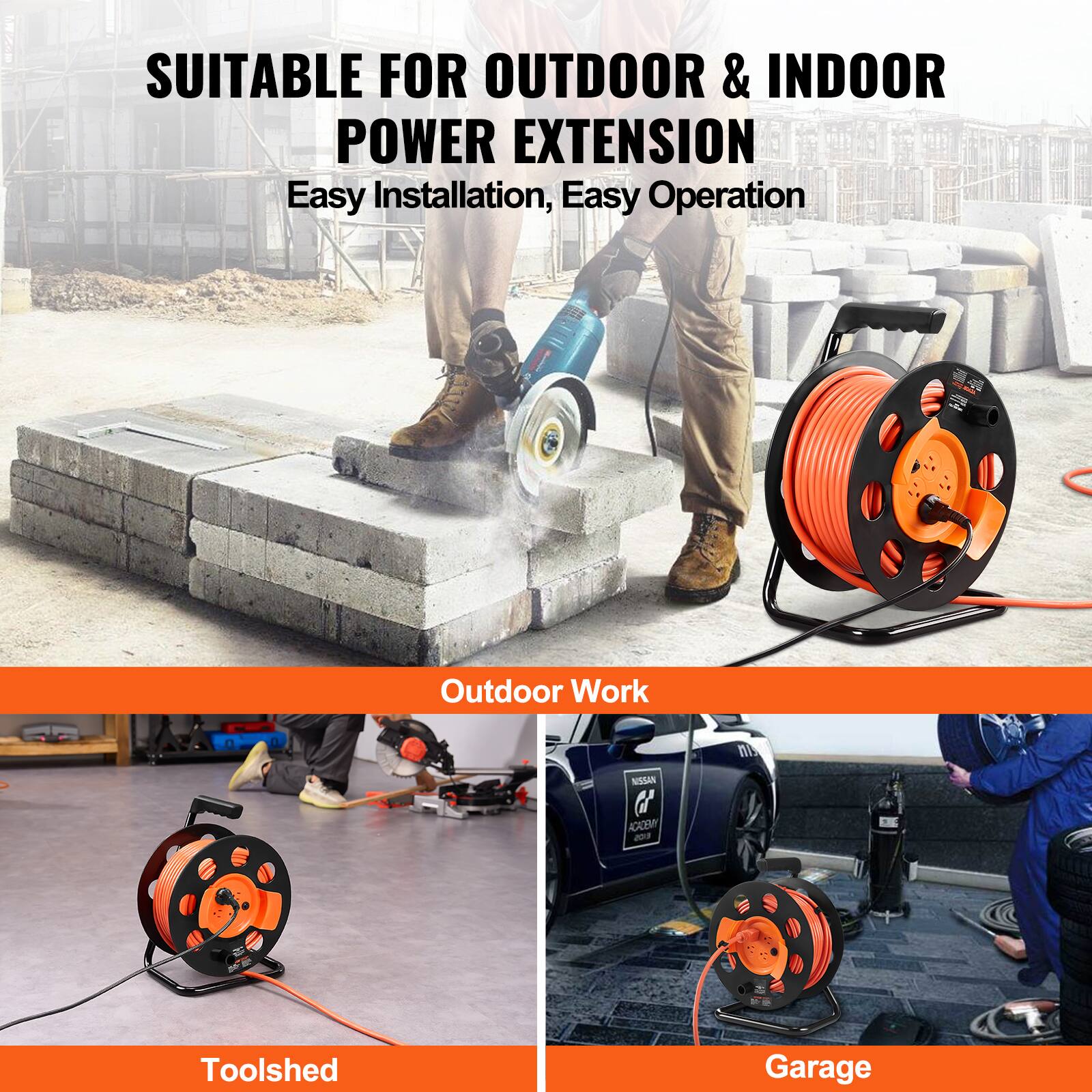 SUITABLE FOR OUTDOOR & INDOOR POWER EXTENSION  
Easy Installation, Easy Operation  

Outdoor Work  

Toolshed  

Garage