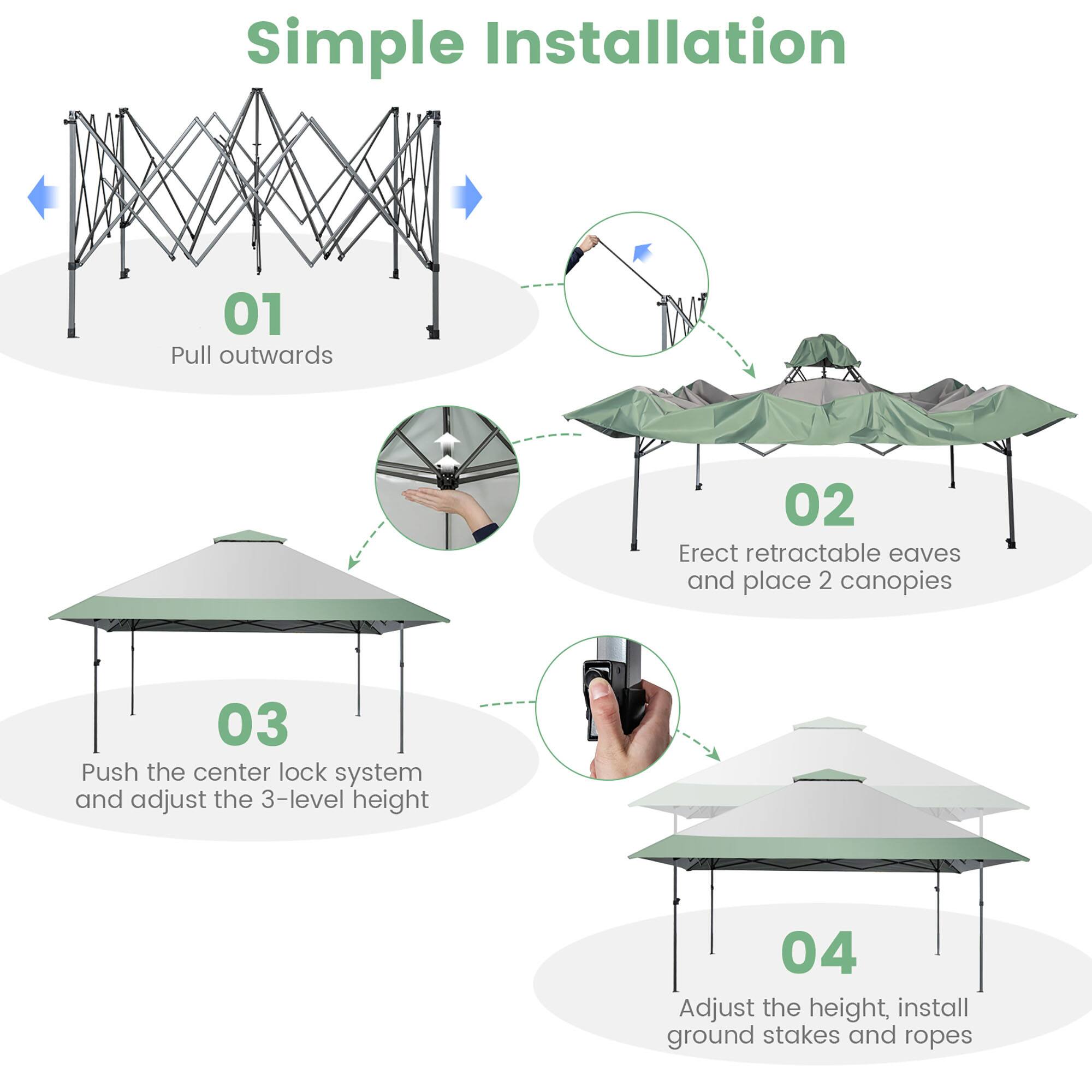 Simple Installation
01 Pull outwards
02 Erect retractable eaves and place 2 canopies
03 Push the center lock system and adjust the 3-level height
04 Adjust the height, install ground stakes and ropes