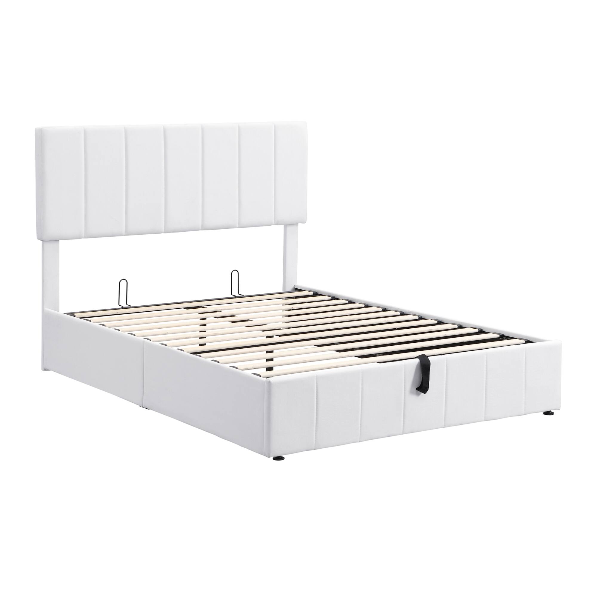 Alt View 10. GOODSILO - Full Size Upholstered Platform Bed with Hydraulic Storage System and Wooden Slat Support - White.