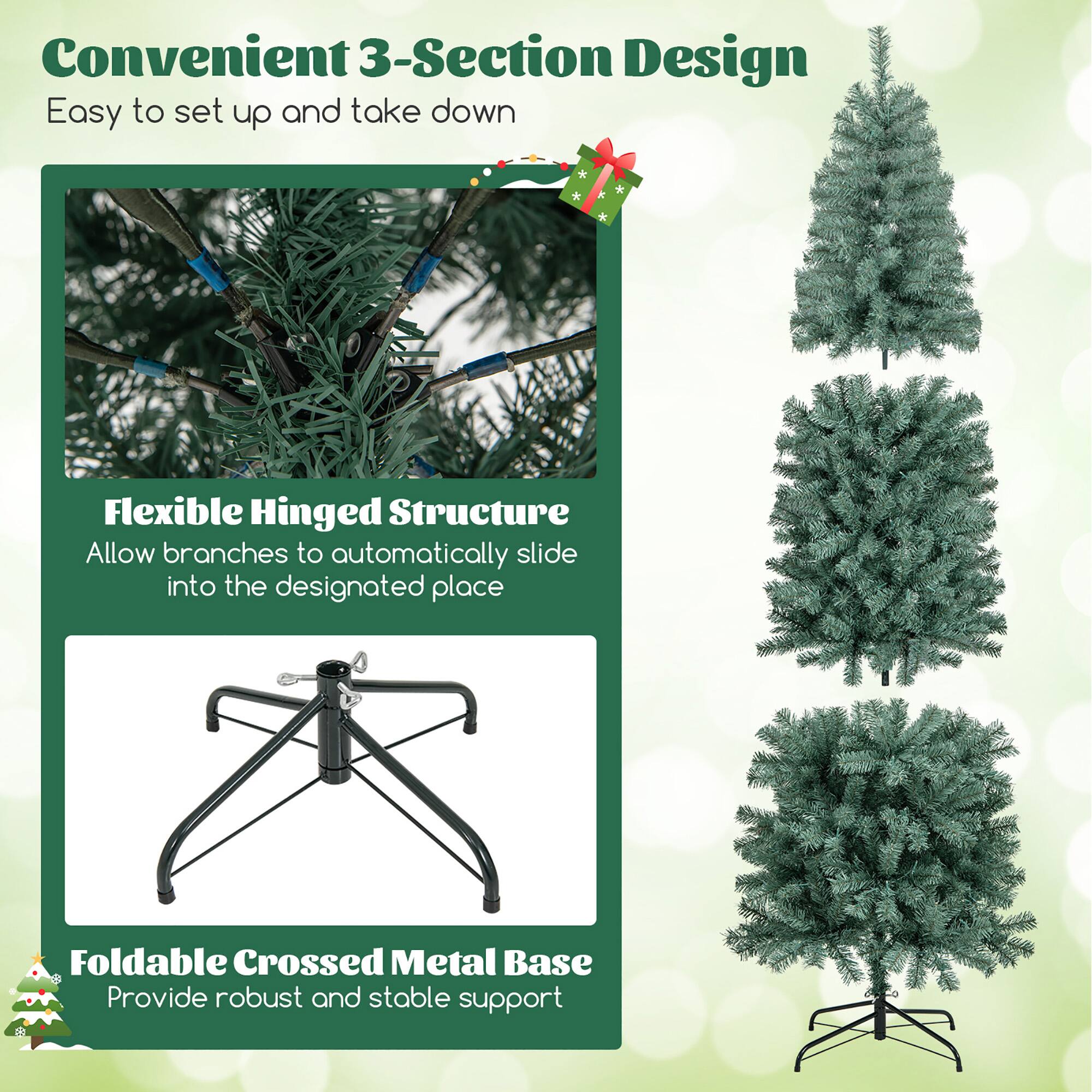 Convenient 3-Section Design  
Easy to set up and take down  

Flexible Hinged Structure  
Allow branches to automatically slide into the designated place  

Foldable Crossed Metal Base  
Provide robust and stable support