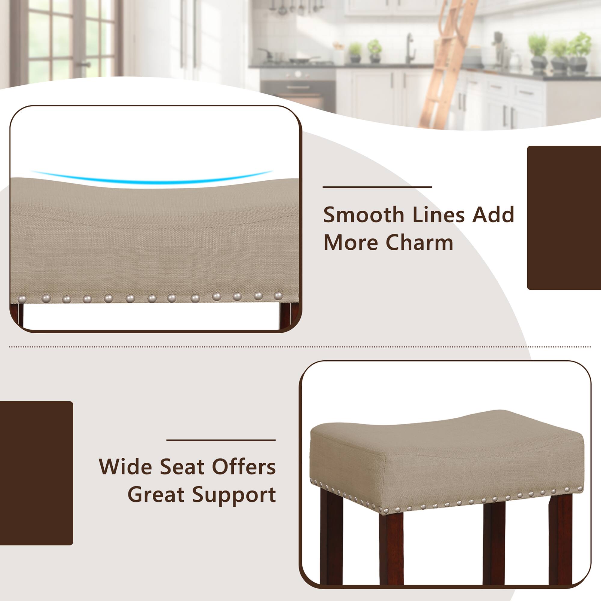 The text on the image is grouped and corrected as follows:

"Smooth Lines Add More Charm Wide Seat Offers Great Support"