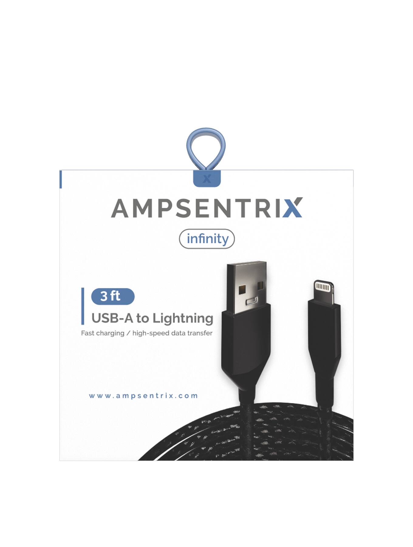 AMPSENTRIX infinity  
3 ft USB-A to Lightning  
Fast charging / high-speed data transfer  
www.ampsentrix.com