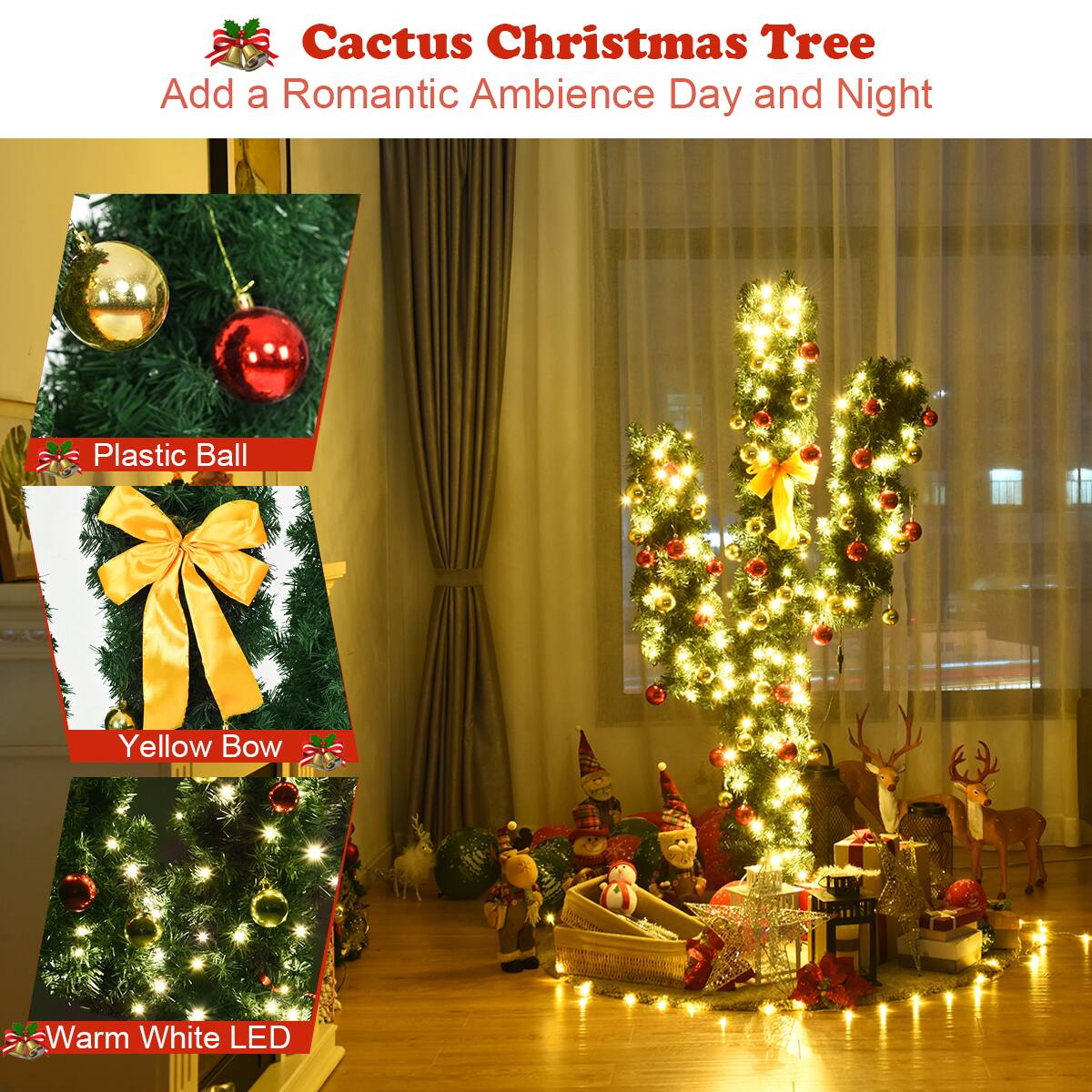 Cactus Christmas Tree Add a Romantic Ambience Day and Night Plastic Ball Yellow Bow Warm White LED