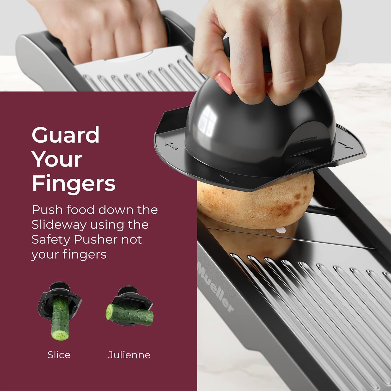 Guard Your Fingers, Push food down the Slideway using the Safety Pusher not your fingers, Mueller, Slice, Julienne.