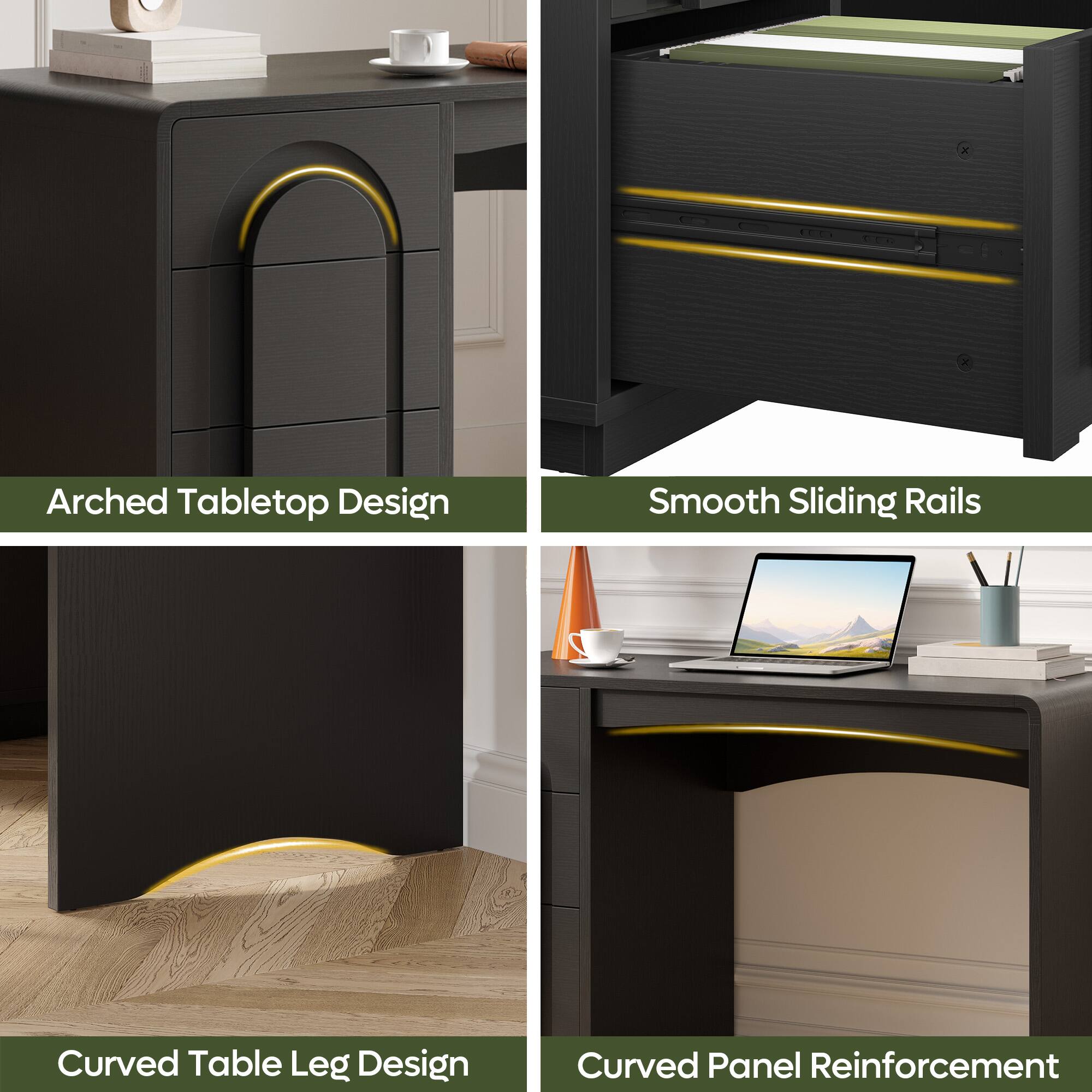 Arched Tabletop Design  
Smooth Sliding Rails  
Curved Table Leg Design  
Curved Panel Reinforcement