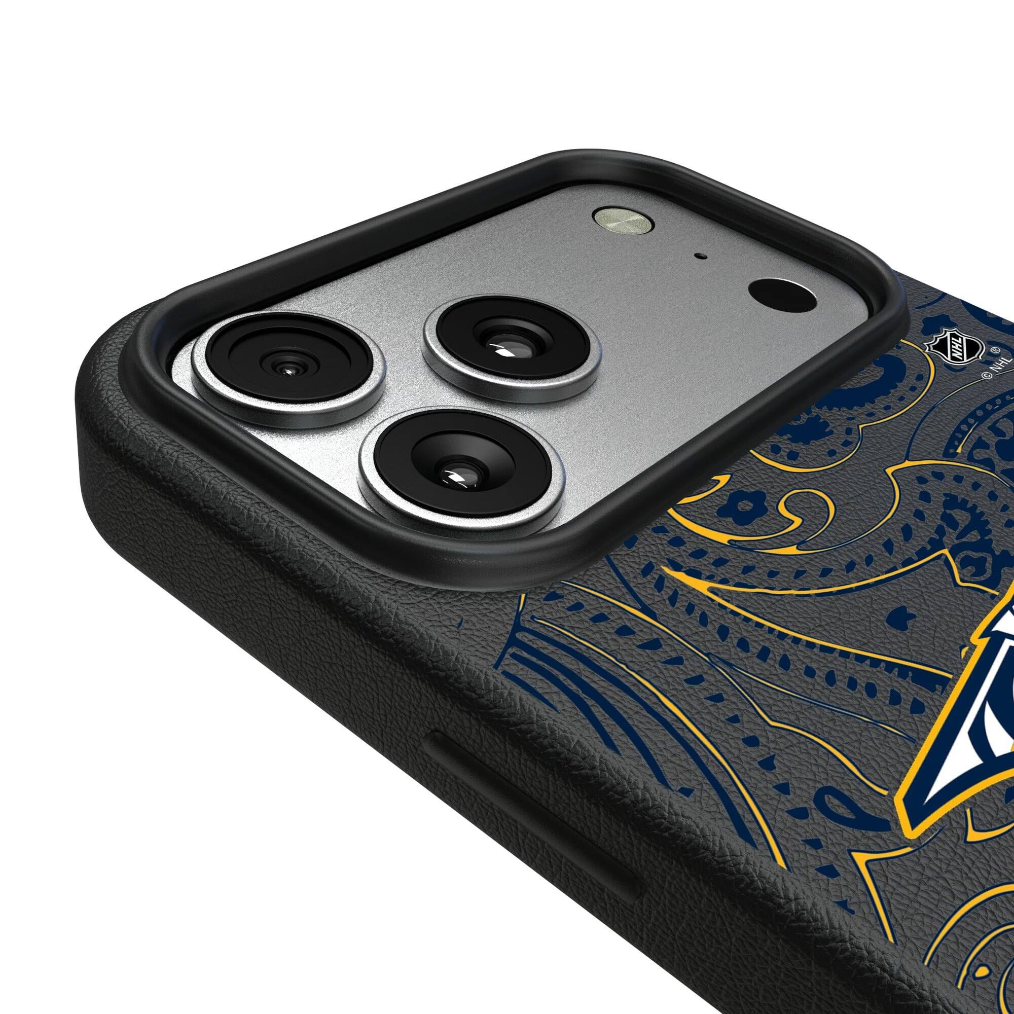 Alt View 2. Keyscaper - Black Nashville Predators Paisley iPhone Magnetic Bump Case - 16 Plus - Black.