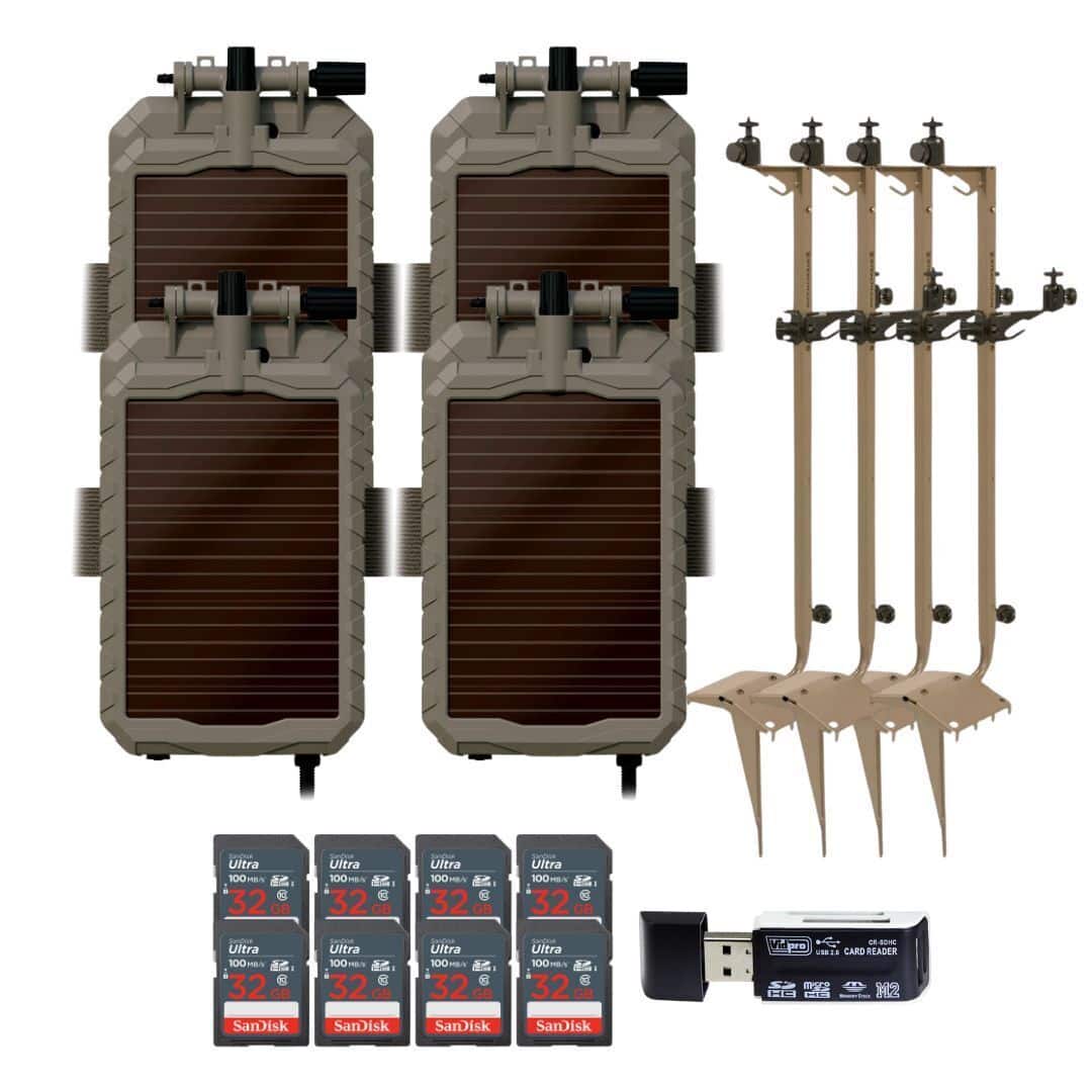 Stealth Cam - Mounting Post for Camera& Solar Pak with 12V Solar Battery Pack 32GB Memory Cards and Card Reader (4 Pack)
