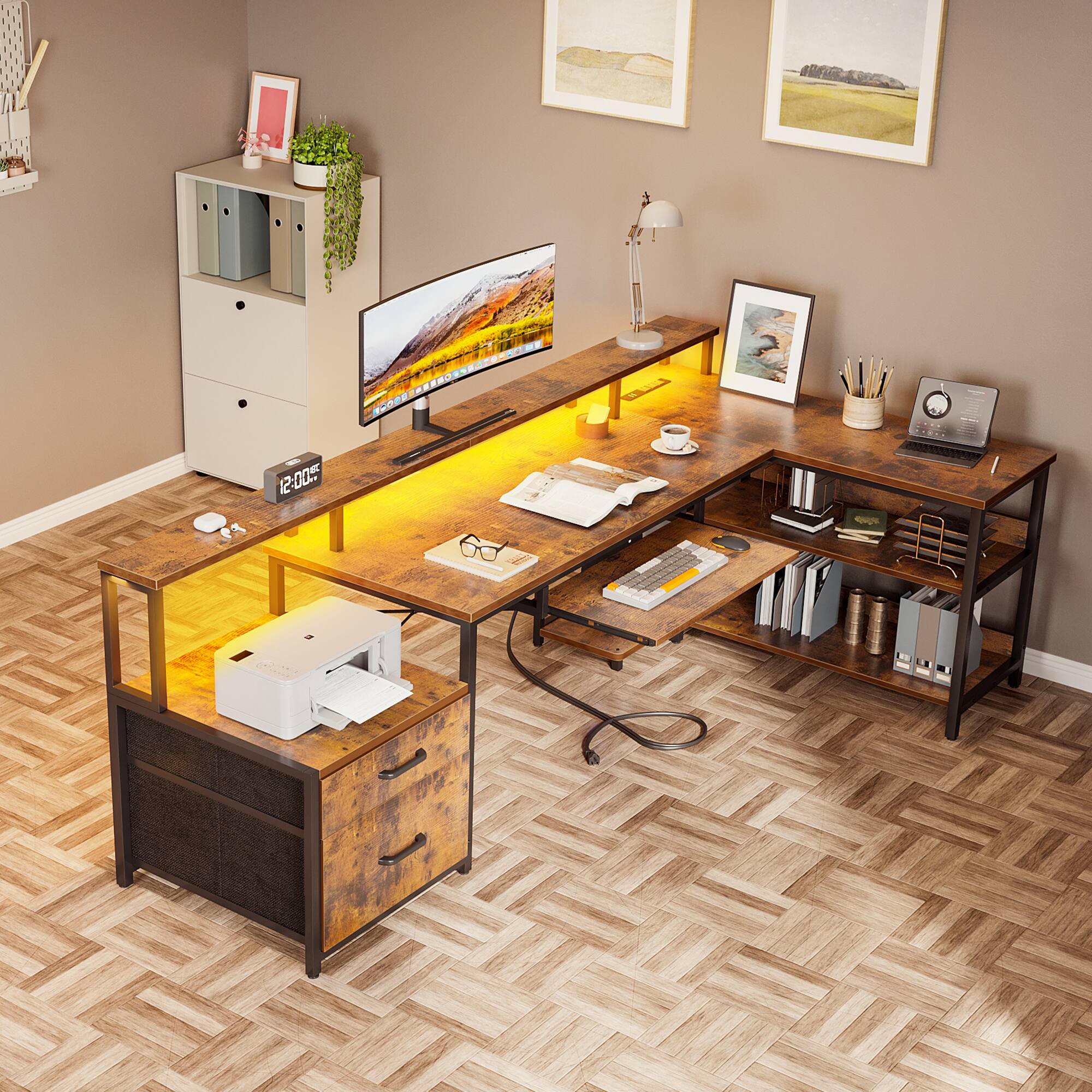 Alt View 3. AODK - L-Shaped Reversible Computer Desk with LED Lights, File Drawer, Power Outlets, Storage Shelves & Keyboard Tray - Brown.