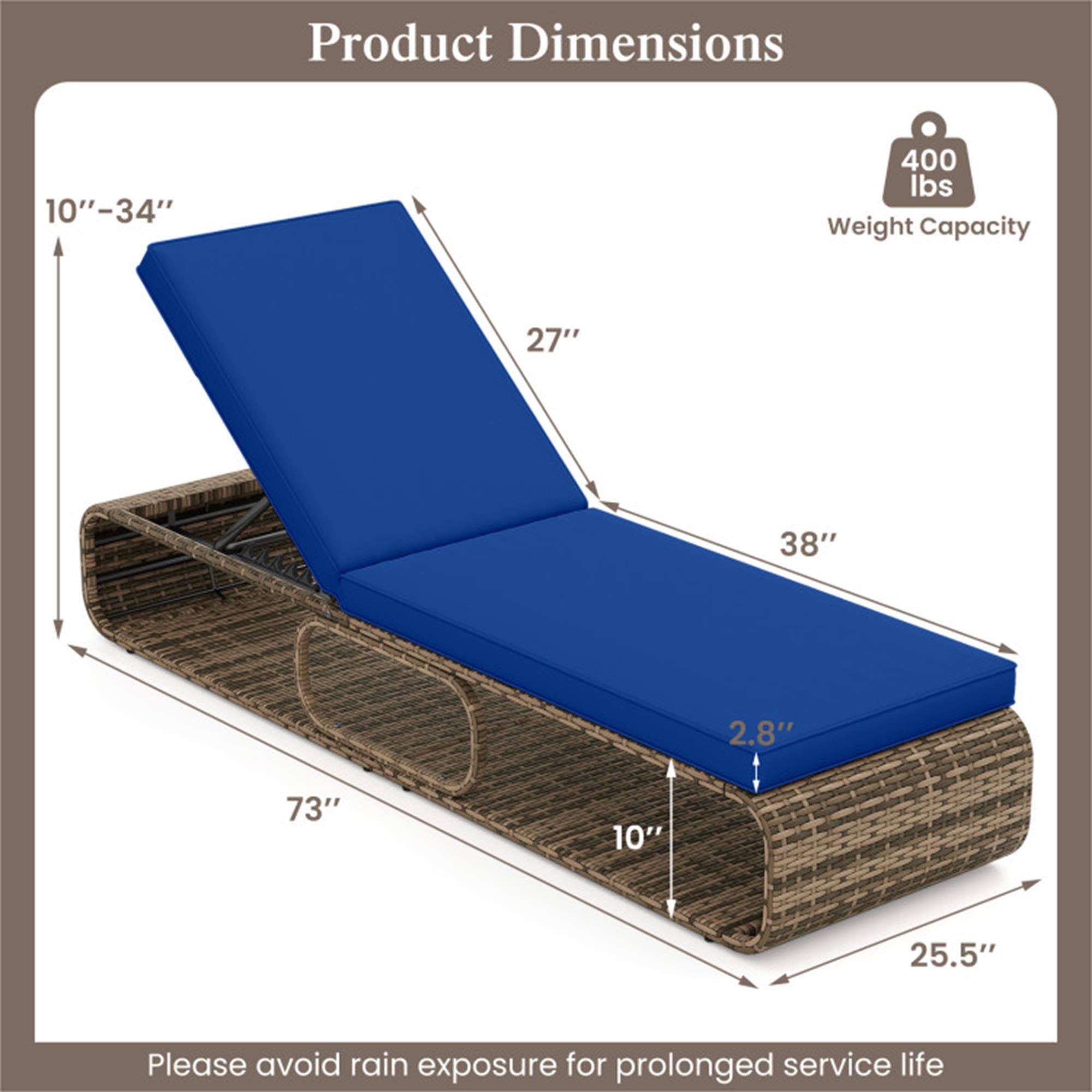 Product Dimensions  
10" - 34"  
27"  
38"  
2.8"  
73"  
10"  
25.5"  

Weight Capacity: 400 lbs  

Please avoid rain exposure for prolonged service life